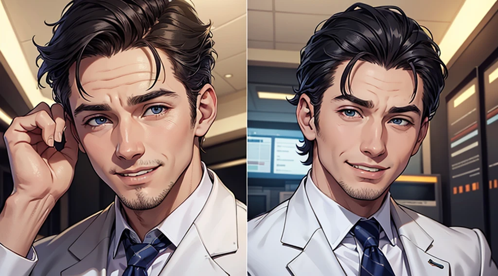 a white man with business suit, same hairstyle and same cloth with detailed face like surprise, sad, smile and laugh