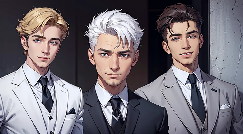 a white man with business suit, same hairstyle and same cloth with detailed face like surprise, sad, smile and laugh