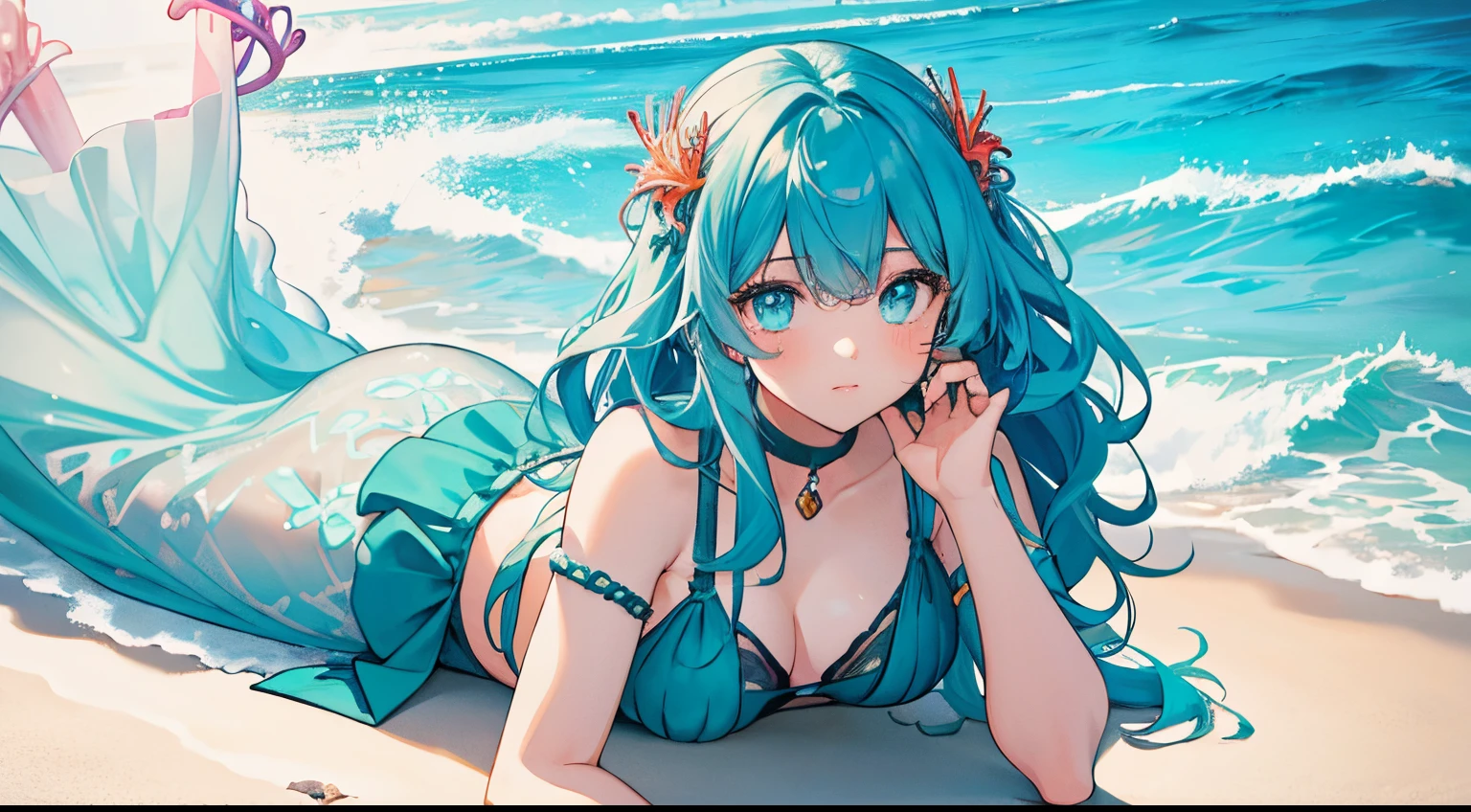 1girl,(Poor milk),(Long curly blue hair),(Aqua blue eyes),mesmerizing eyes,best facial description,(Having erect hair on the head),(Hair decorated with seashells),(Wearing a blue slip dress),(There is a blue collar around the neck),(Aqua blue gemstone bracelet on hand),Aqua blue fish tail,beachside,There are shells in the sea,There are colorful fish in the sea,There are colorful corals in the sea,(There are bubbles in the sea),best illuminate,((In Water)),(swim pose),full body close-up shot,Illustration style,highest quality,4k wallpaper,