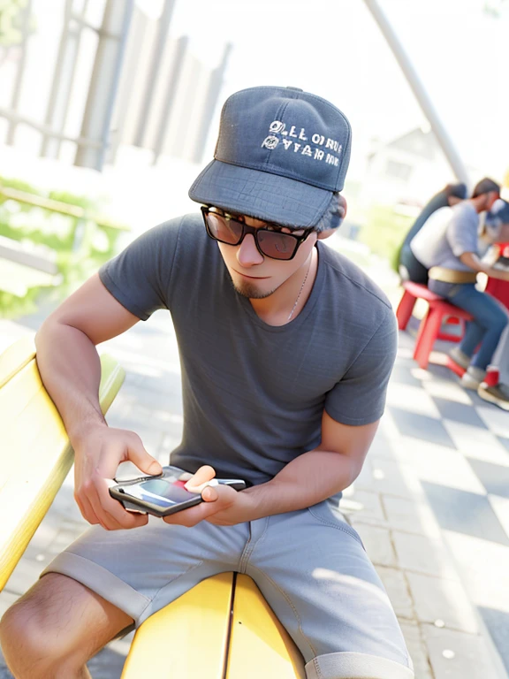 there is a man sitting on a bench using a cell phone, low quality photo, holding a very advance phone, very very low quality picture, looking at his phone, in an action pose, attractive and good looking, artistic interpretation, nostalgic vibes, random artist, focused photo, high quality upload, very accurate photo, handsome man, wearing sunglasses and a cap, edited