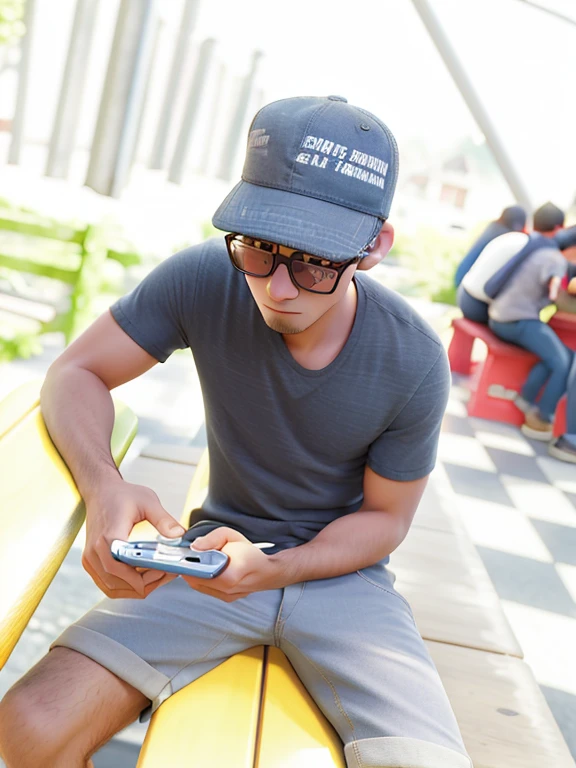 there is a man sitting on a bench using a cell phone, low quality photo, holding a very advance phone, very very low quality picture, looking at his phone, in an action pose, attractive and good looking, artistic interpretation, nostalgic vibes, random artist, focused photo, high quality upload, very accurate photo, handsome man, wearing sunglasses and a cap, edited