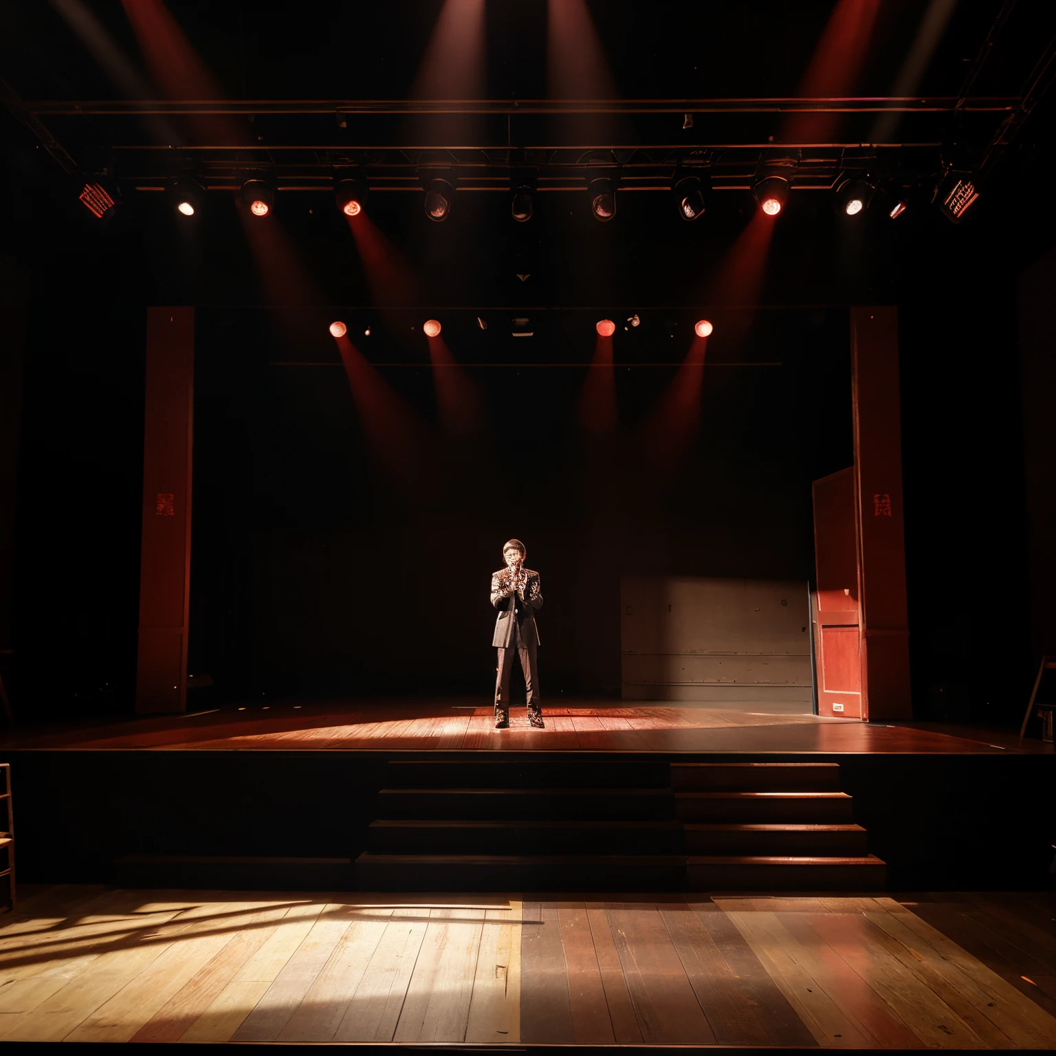 A stage。It’s a stage play with a revenge theme.。The stage background is mainly red，There is a wooden stand on the stage，The protagonist stands on the stage，Very bright white light shines on the protagonist。There are three people in the audience。Three lights of different colors hit the figure