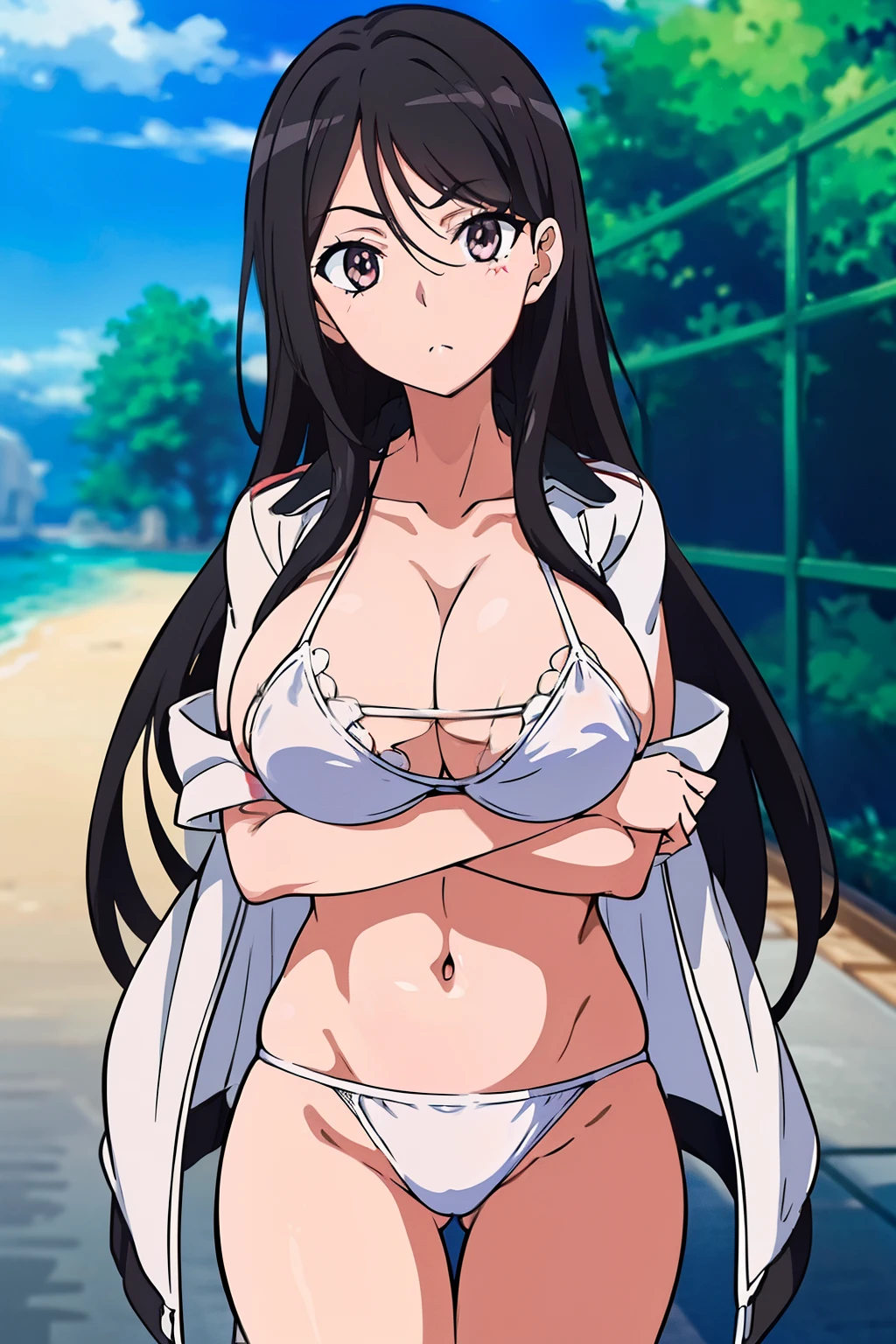 ((masutepiece, Best Quality, High resolution, anime screen cap, anime colours, in 8K, anime keyvisual)):1.5, fukiyose, 1girl in, Cute, blush, (Long Black Hair:1.5), 14years, (Oversized large sagging breasts:1.5), cleavage, ((White Micro Bikini:1.5, Thin fabric)), Navel Ejection, arms folded, cowboy shot, ‎Classroom, ((Perfect Anatomy, beautifull detailed face, Beautiful detailed eyes, beautiful detailed hair, Beautiful detailed body)), thick outline, Beautiful outlines, black outlines