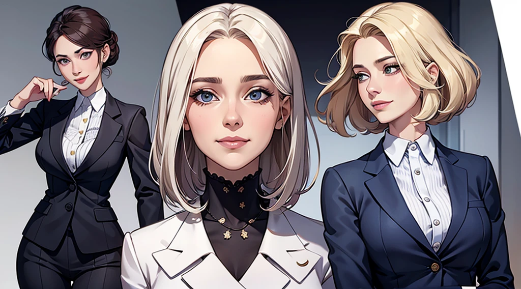 a white woman with business suit, same hairstyle and same cloth with detailed face like surprise, sad, smile and laugh