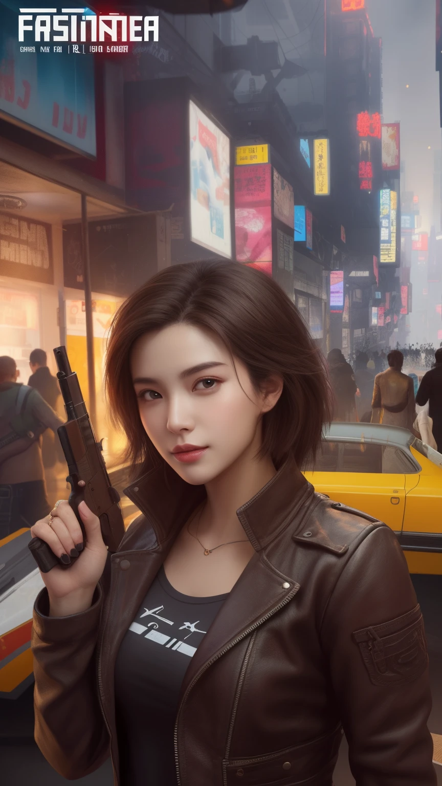 a poster of a woman holding a gun with a group of people in the background, sakimichan frank franzzeta, key art, by Yang J, rossdraws 1. 0, rossdraws 2. 0, rossdraws and jazza, cyberpunk 2077 rossdraws, xqc, rossdraws digital painting, g liulian art style