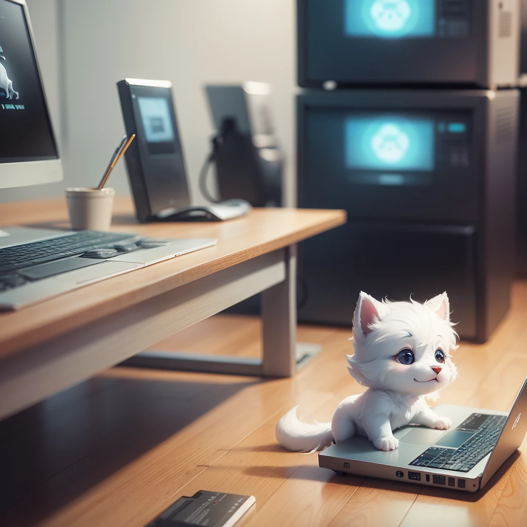 small furry white dog using computer in tech officer, cartoon style --auto --s2