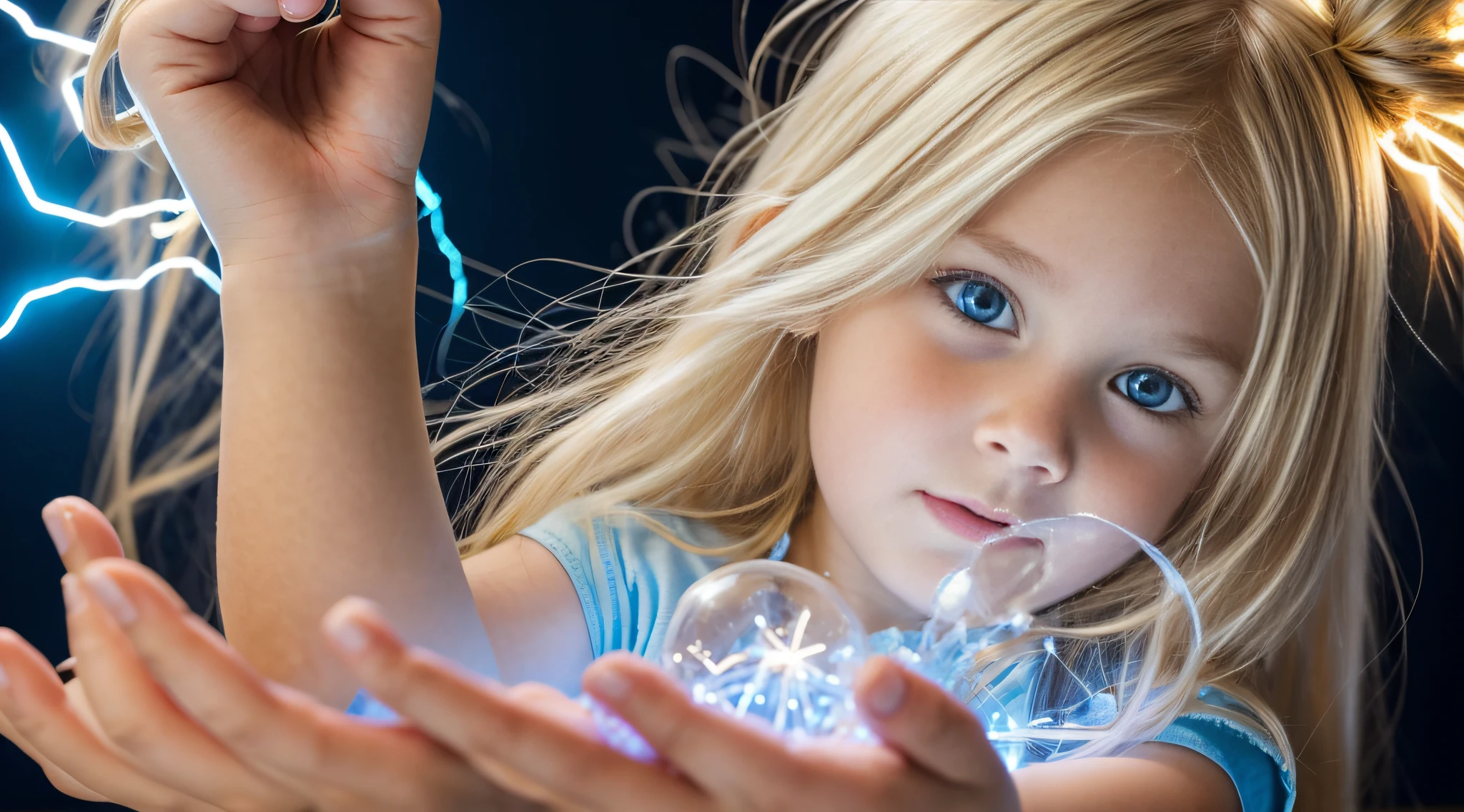a close-up of a blonde child with long hair, BIG BALL OF electrified ICE IN HANDS.