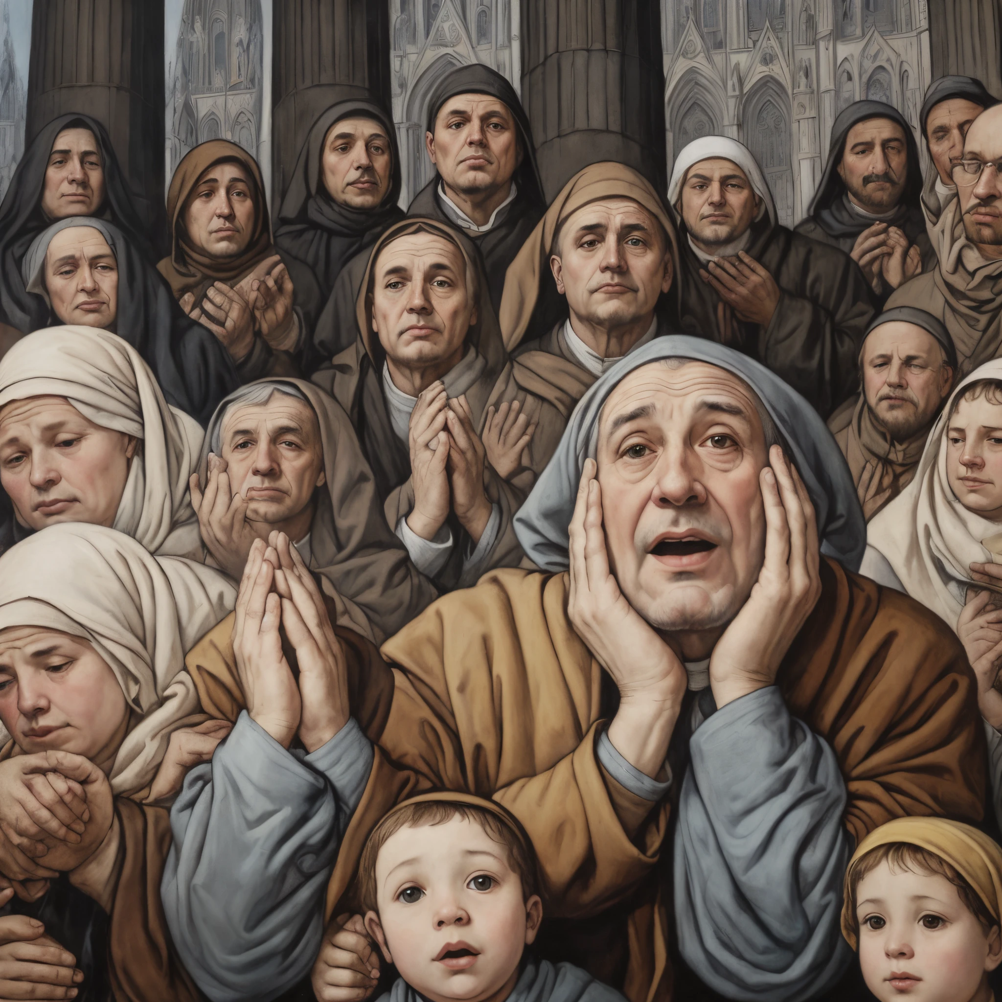 A picture of a man with many people in front of him, Prayer々Crowd of, Overpopulated oil painting, Catholic Religious Art, Sergey Zabelin, Inspired by Antoine Le Nain, worshipers, László Barrow, by Ludwik Konarzewski, Pope worship, adrian borda, by Alessandro Allori