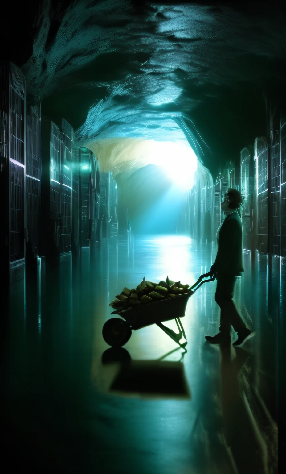 there is a man pushing a wheelbarrow in a tunnel, mining, liminal space hallway, tunnels lead to different worlds, cofre cripto gigante, cena surreal, depicted as a scifi scene, Papel de parede - 1 0 2 4, As minas de Moria, corredores profundos, in an ancient vault, imagem promocional, transumanismo, Corredor Infinito, Corredor Infinito. MELHORE A IMAGEM COM CORES , Definition and details.