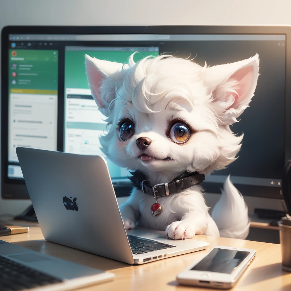 small furry white dog using computer in tech officer, cartoon style --auto --s2