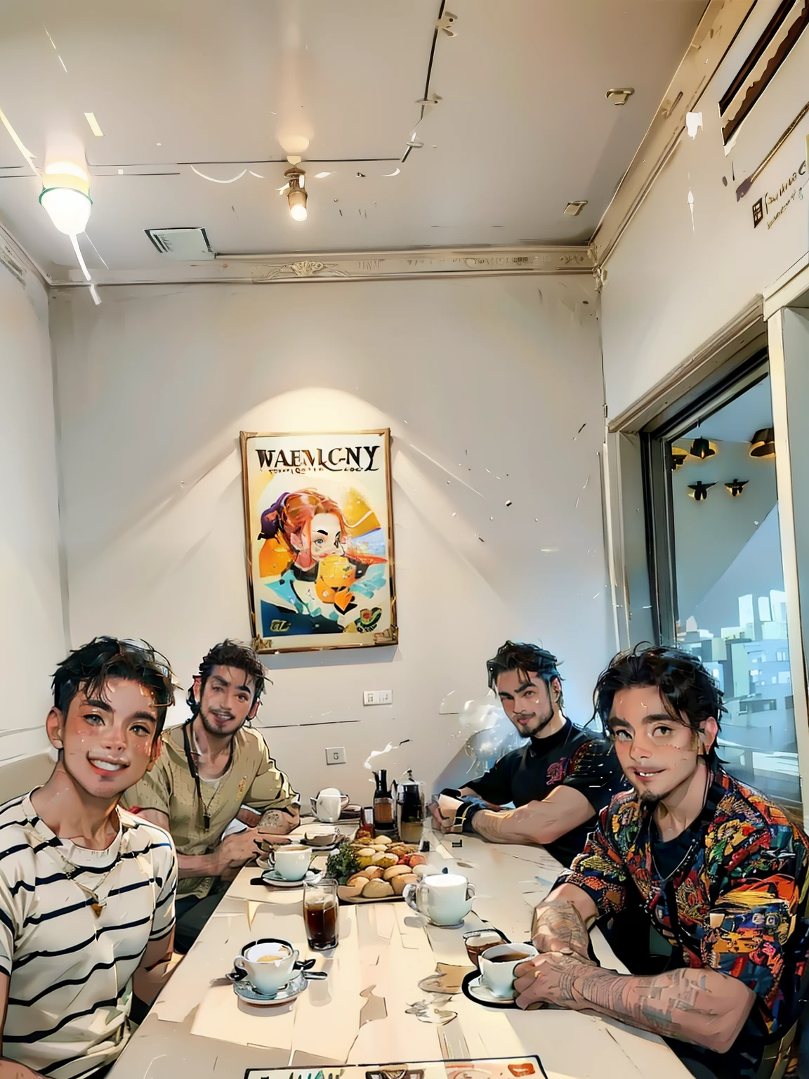 (a group of) young, handsome men, coffee shop, (lively atmosphere, bustling crowd), (cozy interior, wooden furniture), (large, steaming coffee cups), (delicious aroma, freshly brewed), (animated conversations, laughter), (playful banter), (casual clothing, stylish outfits), (dynamic poses, relaxed postures), (diverse hairstyles, facial hair), (engaged expressions, animated gestures), (natural lighting, soft illumination), (vibrant colors, warm tones), (artistic decor, wall paintings), (expressive eyes, captivating gazes), (confident smiles), (filled with positive energy), (immersive experience), (energetic ambiance), (pleasing background music), (streaming sunlight through windows), (barista preparing coffee), (latte art)
