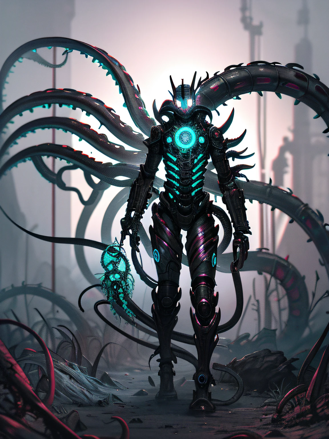Masterpiece, ((dark tentacle biopunk art)), anime girl in biopunk style, gray-turquoise leather, biopunk biomechanical helmet, biopunk bracers, red tentacles on the skin, Cold lighting, Horror atmosphere, highly detailed biopunk art, gadgets from Hans Giger, Landscape by Zdzislaw Beksinski, perfect anatomy