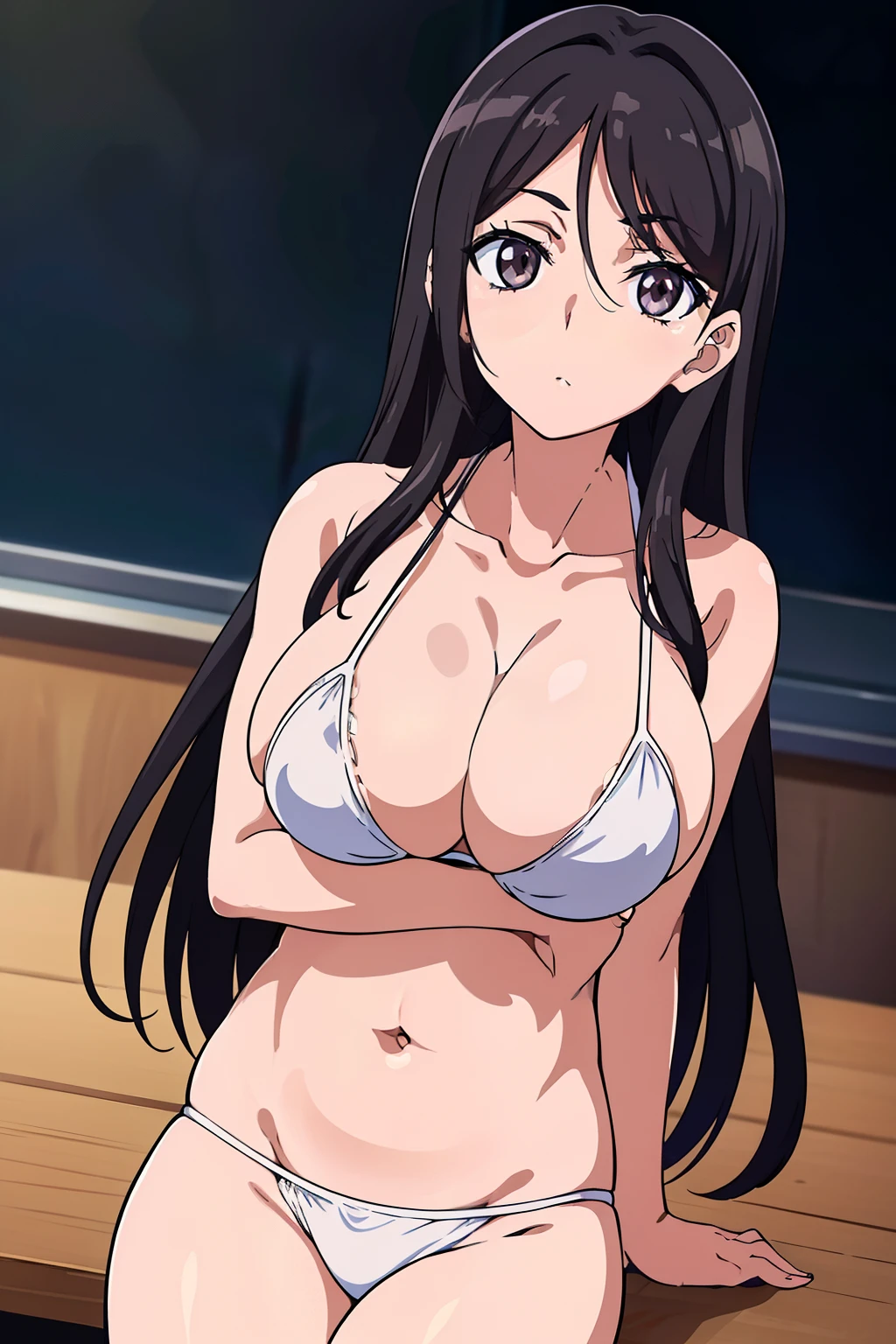 ((masutepiece, Best Quality, High resolution, anime screen cap, anime colours, in 8K, anime keyvisual)):1.5, fukiyose, 1girl in, Cute, blush, (Long Black Hair:1.5), 14years, (Oversized large sagging breasts:1.5), cleavage, ((White Micro Bikini:1.5, Thin fabric)), Navel Ejection, arms folded, cowboy shot, ‎Classroom, ((Perfect Anatomy, beautifull detailed face, Beautiful detailed eyes, beautiful detailed hair, Beautiful detailed body)), thick outline, Beautiful outlines, black outlines