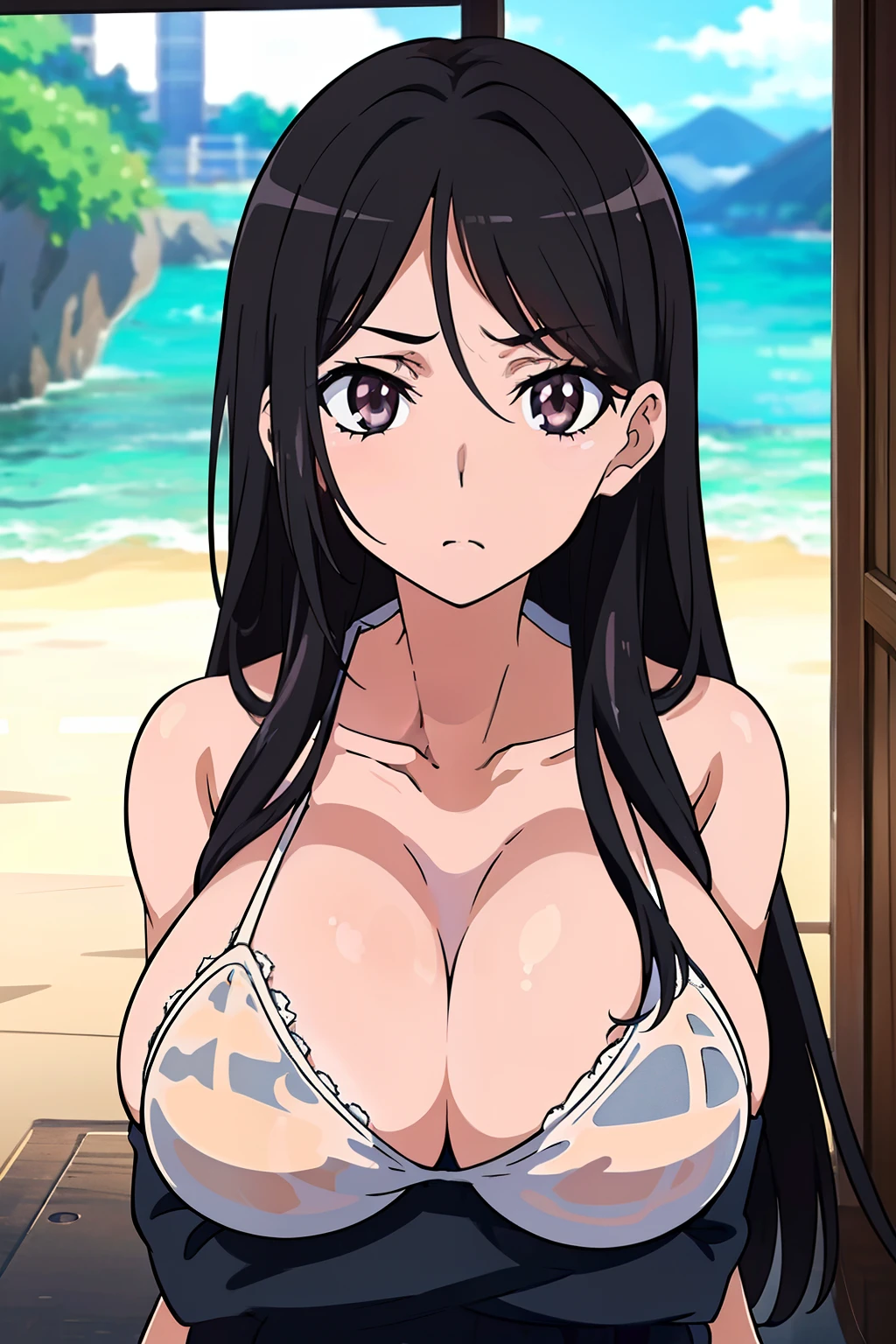 ((masutepiece, Best Quality, High resolution, anime screen cap, anime colours, in 8K, anime keyvisual)):1.5, Blowmailing, 1girl in, Cute, blush, (Long Black Hair:1.5), 14years, (Oversized large sagging breasts:1.5), cleavage, ((White Micro Bikini:1.5, Thin fabric)), Navel Ejection, crossed arms, Upper body, ‎Classroom, ((Perfect Anatomy, beautifull detailed face, Beautiful detailed eyes, beautiful detailed hair, Beautiful detailed body)), thick outline, Beautiful outlines, black outlines