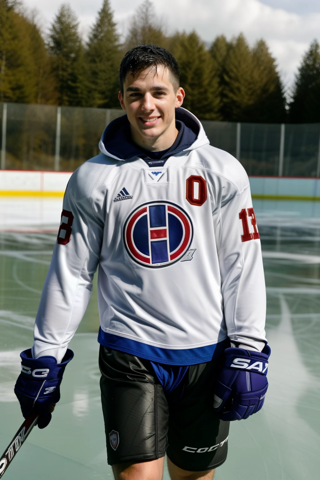 homoerotic photo of pietroboselli person playing ice hockey, wearing a long sleeve (hooded:0.85) hockey jersey, muscular, masculine face, detailed background, highly detailed hdr photo, highly detailed background, (looking at viewer:1.2), nsfw, penis out, walking towards viewer, best quality, masterpiece, high res, masterpiece, (slightly wet:1.2), bottomless, heroic smile