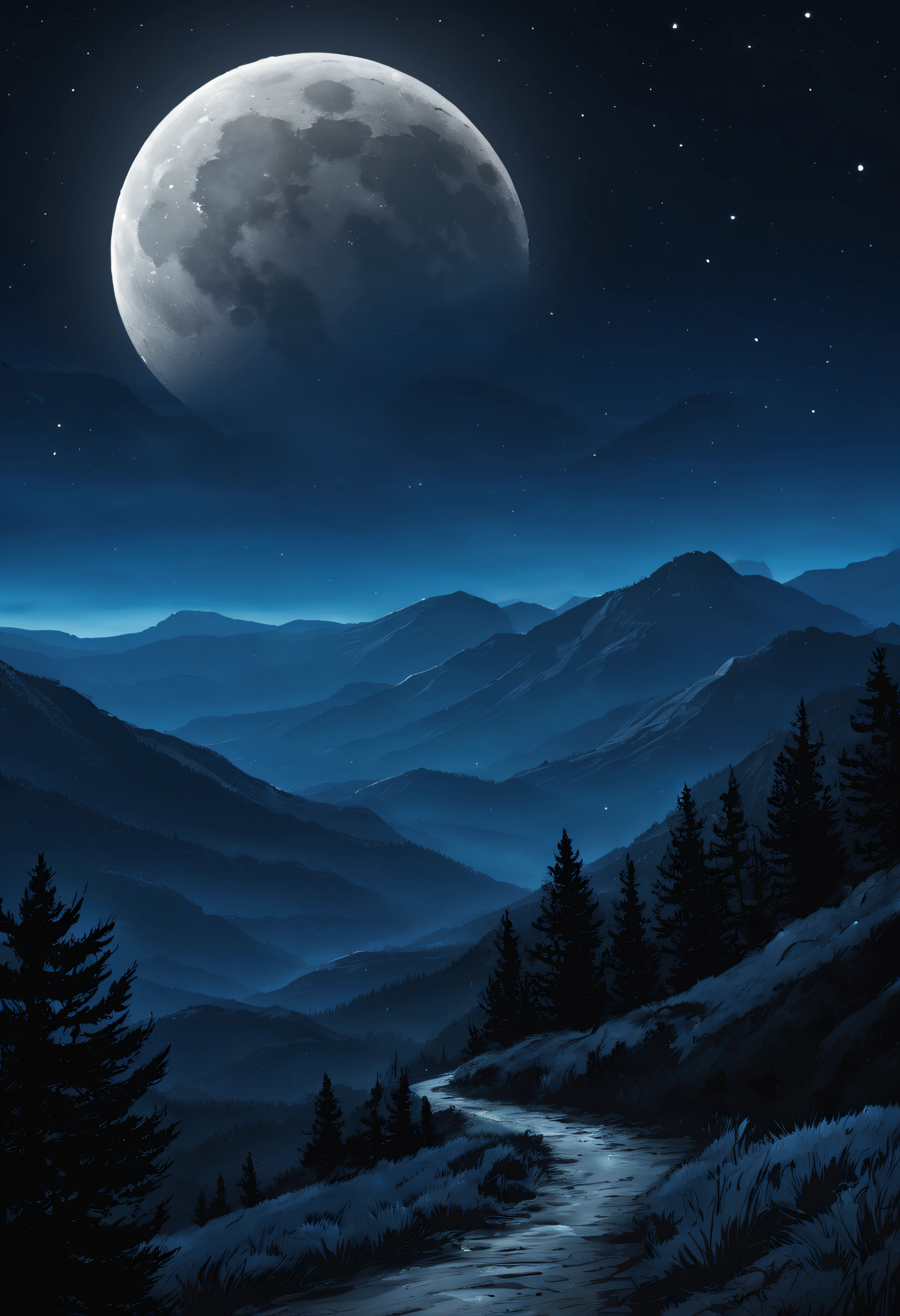 Muy buenos fondos de pantalla de 8KCG, muy fino 8K CG fondo de pantalla, acuarela (Medio), (((oscuro, noche oscura, Noche profunda, La Luna))) ((Color del cielo: azul oscuro)) (((Antecedentes naturales, Mountains, madera))), Camino, una pradera, ((Al aire libre)) (((Character removal)))