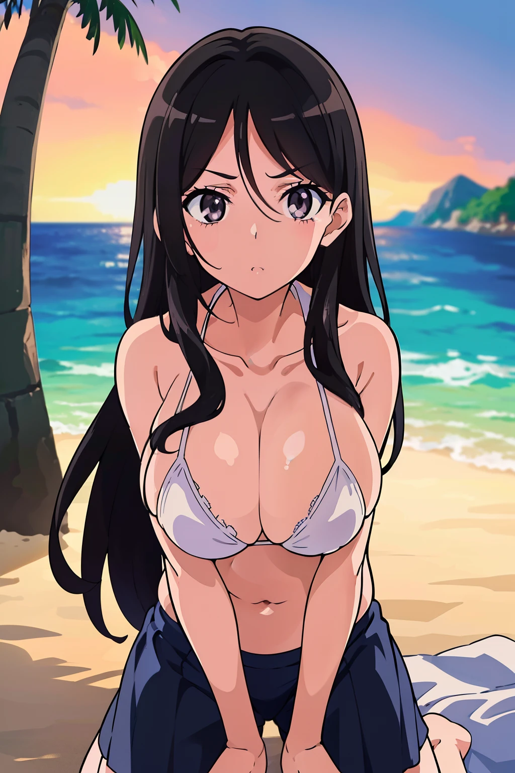 ((masutepiece, Best Quality, High resolution, anime screen cap, anime colours, in 8K, anime keyvisual)):1.5, Blowmailing, 1girl in, Cute, blush, (Long Black Hair:1.5), 14years, (Oversized large sagging breasts:1.5), cleavage, ((White Micro Bikini:1.5, Thin fabric)), Navel Ejection, Arms Down, Upper body, beach side, ((Perfect Anatomy, beautifull detailed face, Beautiful detailed eyes, beautiful detailed hair, Beautiful detailed body)), thick outline, Beautiful outlines, black outlines