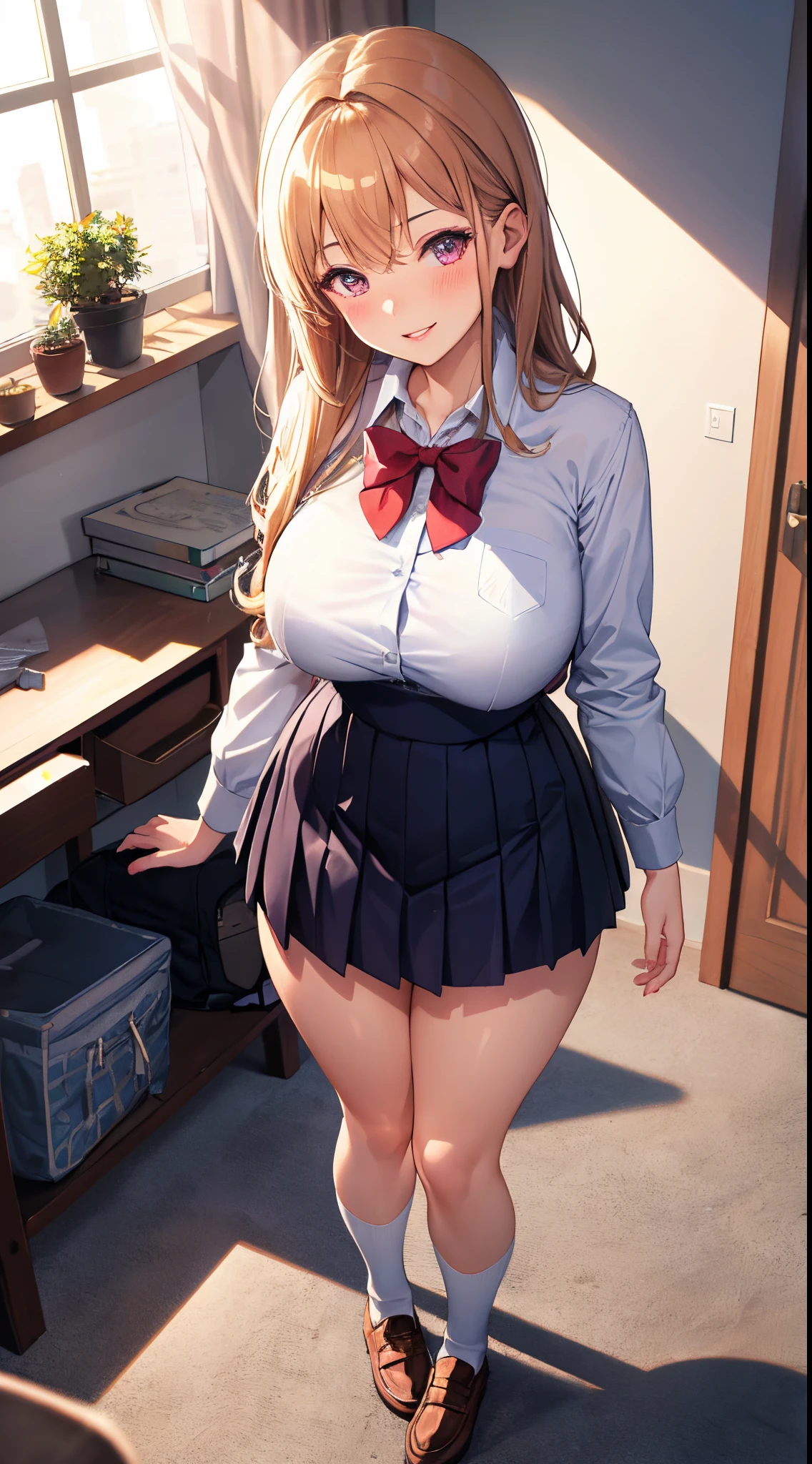 1girl in, Parted lips, blush, makeup, lightsmile, School uniform, Full body, Wide Angle, From  above, crass room, llight rays, Glow, thighs thighs thighs thighs, 鎖骨, Narrow waist, (masutepiece)
