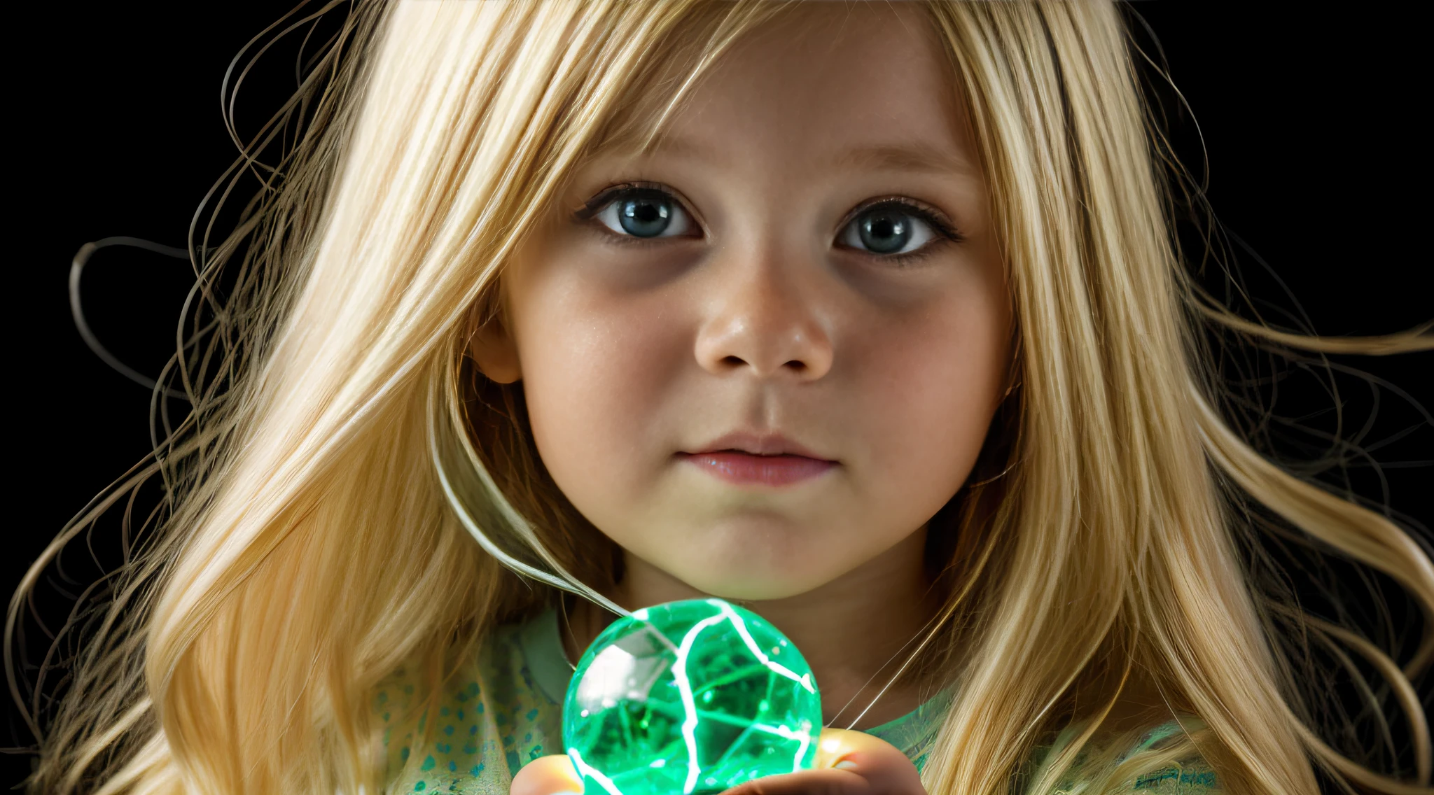 a close-up of a blonde child with long hair, BIG BALL OF electrified ICE IN HANDS. Smoke green.