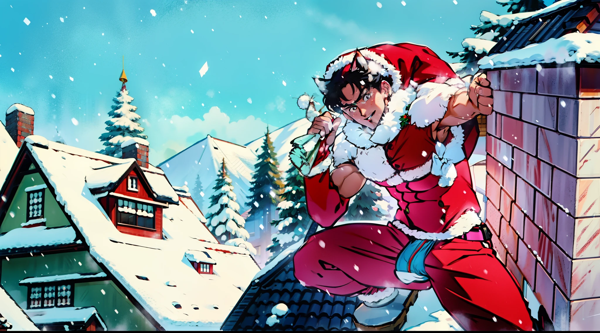 1man, a young man wearing a Santa Claus hat on top of a snow-filled roof, shirtless, holding a chimney, gray hair, cat ears, ((bulge in pants)), NSFW, catboy, bulgeJ8, huge bulge, bulging crotch, 8k , 90's anime style, high quality, red pants,