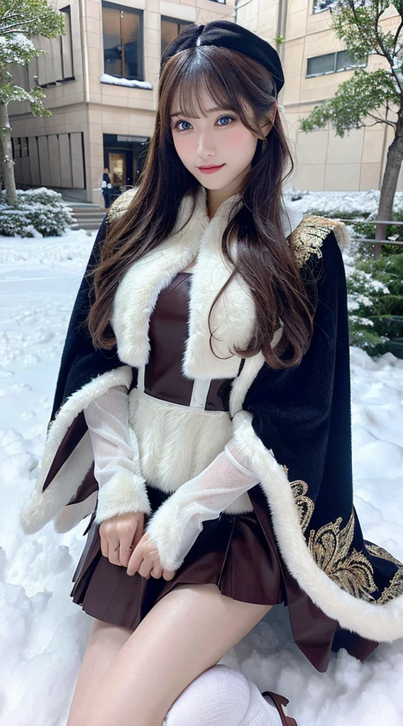 (Best quality, 8K, 32K，The details are super clear),Photorealistic, high resolution, 1 Japan Women, Solo, (Lolita costume)，Gorgeous costumes，Face the audience，(The upper part of the body，upper legs)， beautidful eyes, Brown hair, ringed eyes, (outside，Heavy snowfall，Thick fur cape，Cover with snow)，snowfield，Blue eyes，Illustrations of the highest quality，A meticulous face