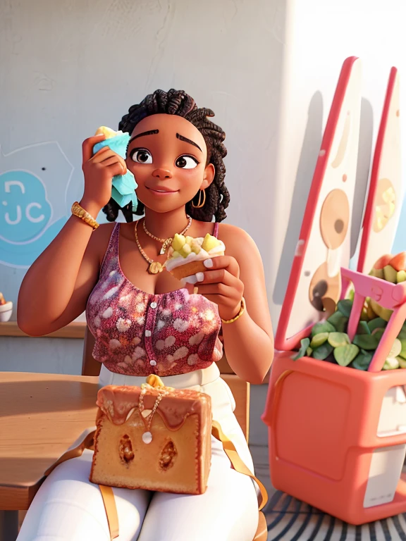 there is a black woman sitting at a table eating a sandwich, on a bright day, eating ice cream, eating ice - cream, vacation photo, cute photo, ice cream on the side, on a sunny day, not blurry, taken at golden hour, having a snack, inspired by Joze Ciuha, eating cakes, eating outside, with brown skin
