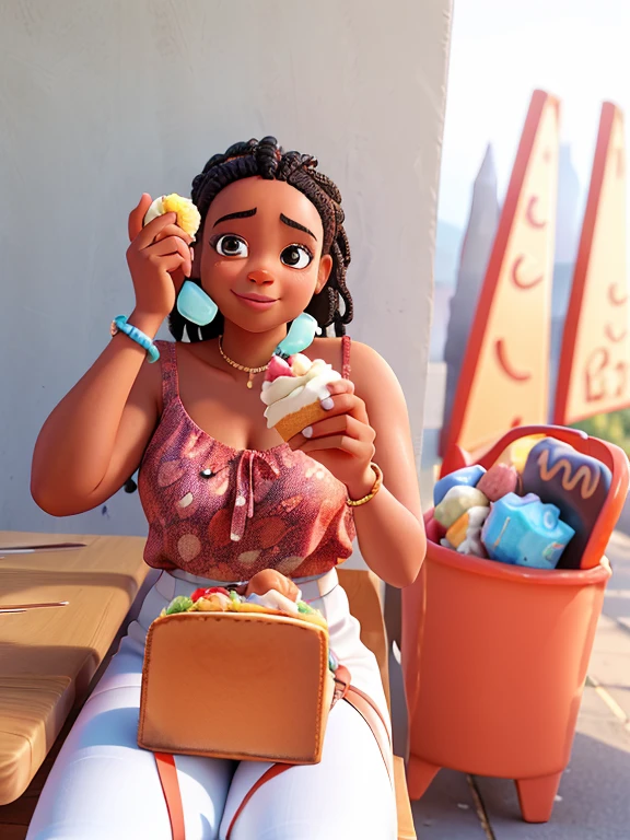 there is a black woman sitting at a table eating a sandwich, on a bright day, eating ice cream, eating ice - cream, vacation photo, cute photo, ice cream on the side, on a sunny day, not blurry, taken at golden hour, having a snack, inspired by Joze Ciuha, eating cakes, eating outside, with brown skin