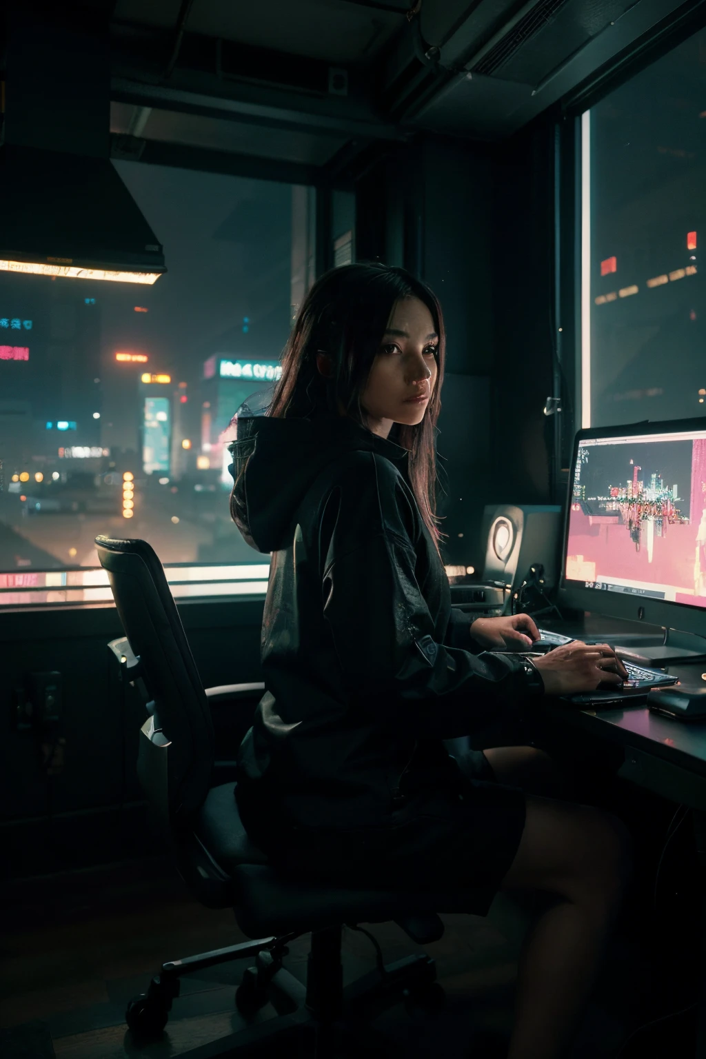 (masutepiece, of the highest quality, Best Quality, Official art, Beautiful and aesthetic:1.2),(Cyberpunk:1.4) In a dark room, A girl is sitting in a gaming chair, Operating a computer. The background consists of skyscrapers and apartments, Provide a view from the window of a residential apartment at night. The entire scene is painted in ultra-high resolution and highest quality. The person is wearing a long-sleeved hoodie, Complete immersion in computer work. The image is captured from the side, Drawing a small and cramped room. The materials used in the work are:::、It is a digital illustration in a realistic style, Rich details and vibrant colors. Lighting is carefully designed to create a dramatic atmosphere, Highlight the glow of computer screen on a person's face. Consider including additional details such as cables, peripherals, Wall Posters、Increases the overall realism of the image.