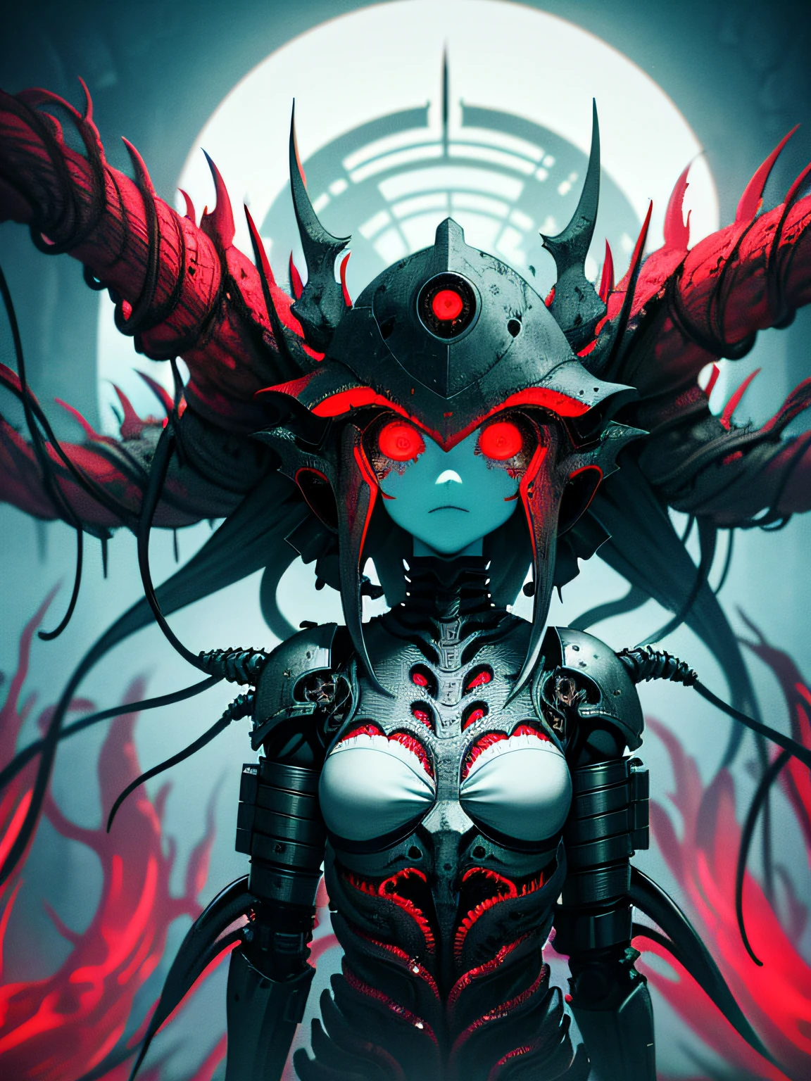 Masterpiece, (Dark art), anime girl in biopunk style, gray-turquoise leather, red eyes, open shoulders, biopunk biomechanical helmet, biopunk bracers, red tentacles on the skin, Cold lighting, Horror atmosphere, highly detailed biopunk art, gadgets from Hans Giger, Landscape by Zdzislaw Beksinski, perfect anatomy