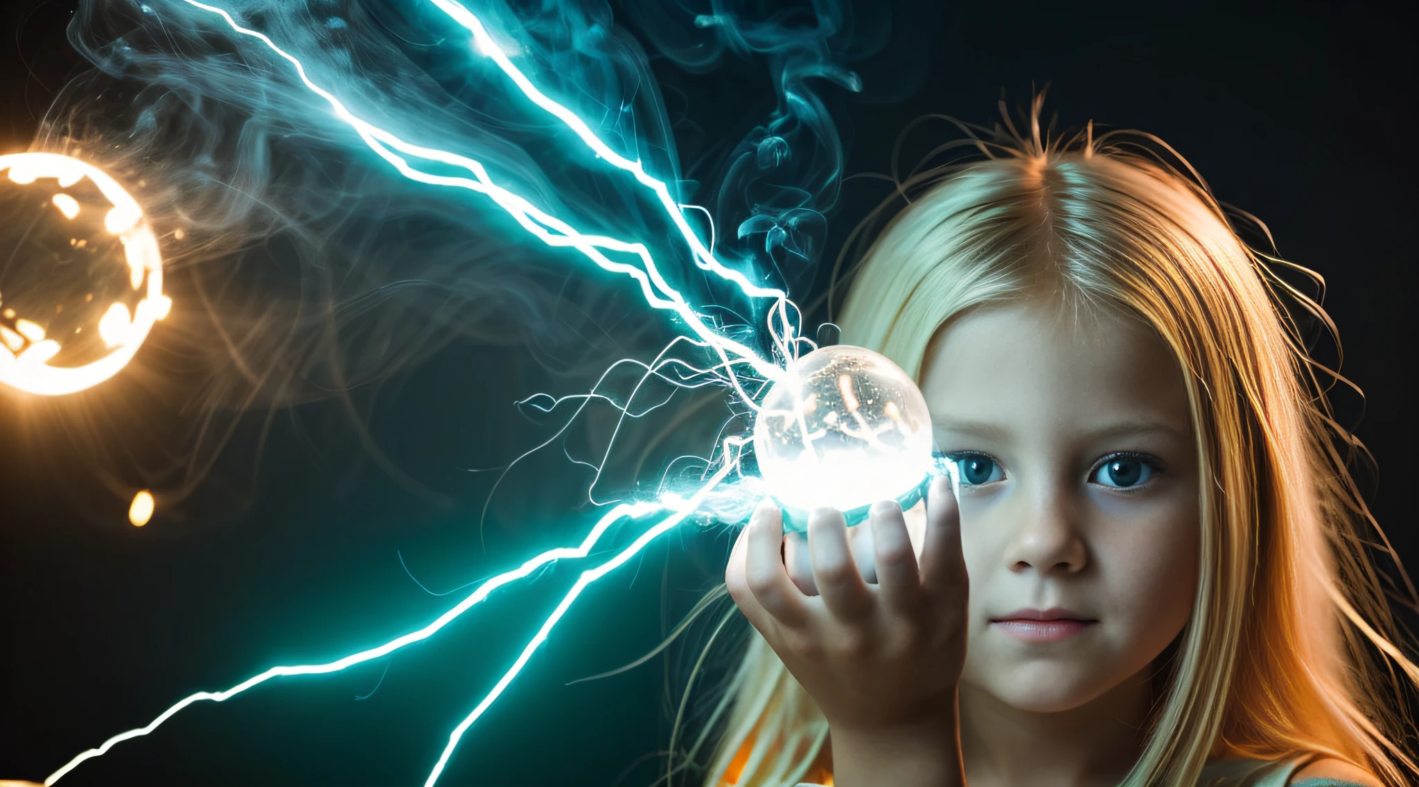 a close-up of a blonde  with long hair, BIG BALL OF electrified ICE IN HANDS. Smoke green.