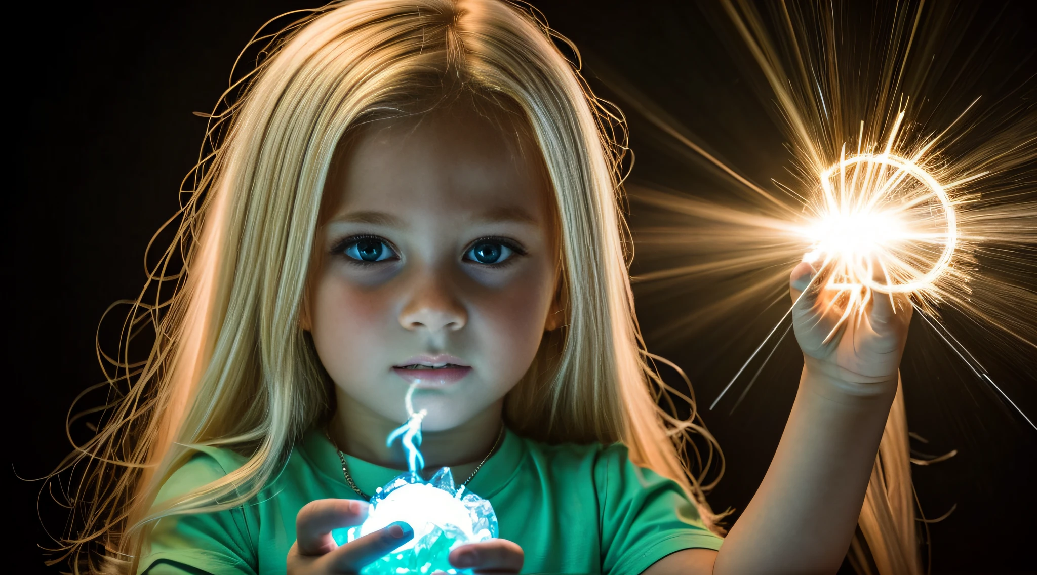 a close-up of a blonde with long hair, BIG BALL OF electrified ICE IN HANDS. Smoke green.