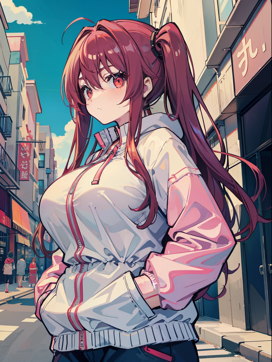 Anime Big breasts,1个Giant Breast Girl,whaite hair, red - eyed, Shy little breasted ta in windbreaker,With a shopping street as a backdrop,Put your hands in your pockets