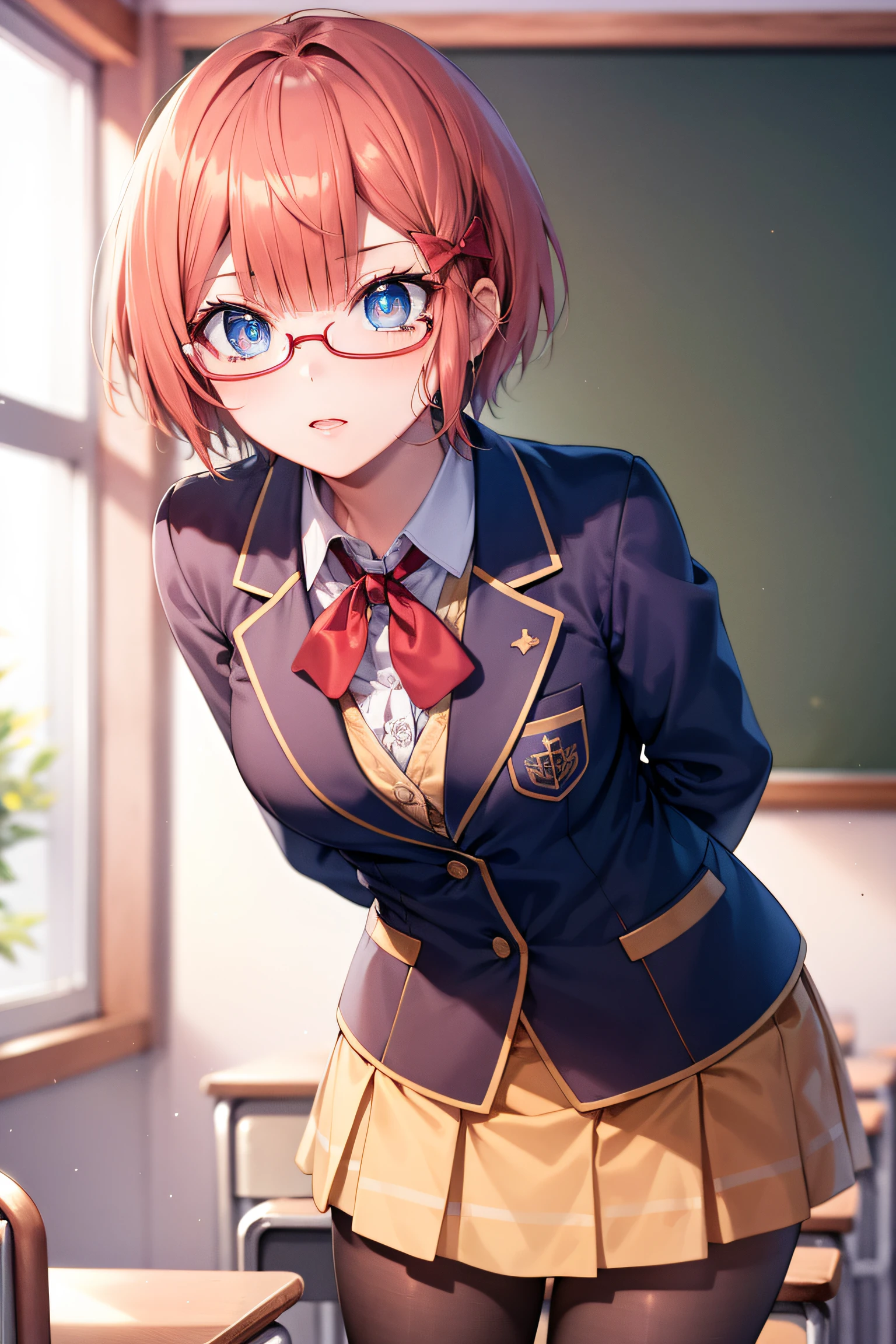 ogatarizu, rizu ogata, blue eyes, glasses, hair bow, red bow, red-framed eyewear, short hair, orange hair,
BREAK long sleeves, school uniform, skirt, pantyhose,
BREAK looking at viewer,standing, leaning forward, arms behind back,
BREAK indoors, classroom,
BREAK (masterpiece:1.2), best quality, high resolution, unity 8k wallpaper, (illustration:0.8), (beautiful detailed eyes:1.6), extremely detailed face, perfect lighting, extremely detailed CG, (perfect hands, perfect anatomy),