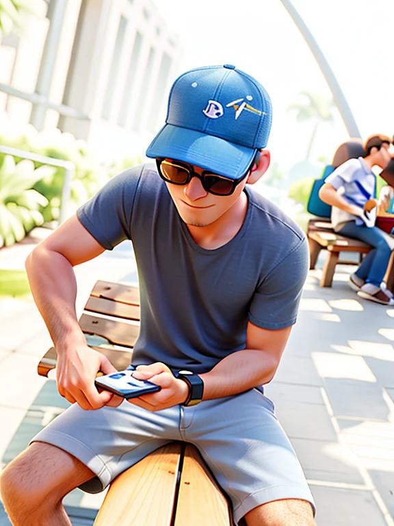 Disney pixal cartoon type bthere is a man sitting on a bench using a cell phone, low quality photo, holding a very advance phone, very very low quality picture, looking at his phone, in an action pose, attractive and good looking, artistic interpretation, nostalgic vibes, random artist, focused photo, high quality upload, very accurate photo, handsome man, wearing sunglasses and a cap, edited 3d image