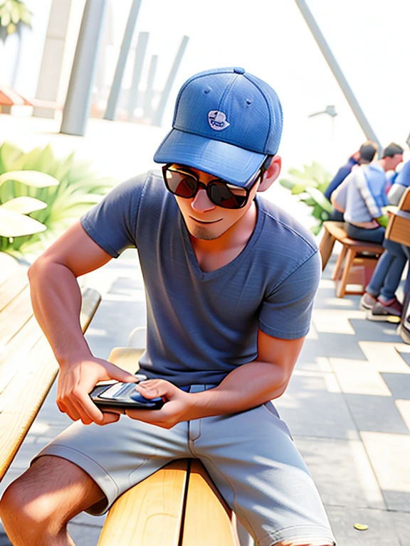 Disney pixal cartoon type bthere is a man sitting on a bench using a cell phone, low quality photo, holding a very advance phone, very very low quality picture, looking at his phone, in an action pose, attractive and good looking, artistic interpretation, nostalgic vibes, random artist, focused photo, high quality upload, very accurate photo, handsome man, wearing sunglasses and a cap, edited 3d image