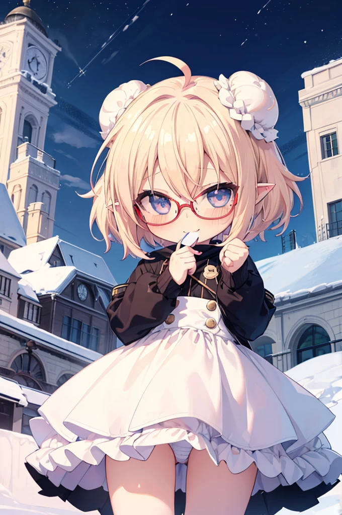 ultra detailed, best quality, high resolution, ((1girl)), looking at viewer, pale skin, petite, (blonde hair), (very short hair), (ahoge:1.3), (glasses), pointy ears, (blush:1.2), blue eyes, medium breasts, happy smile, (chibi:1.5), winter clothes, put the meat bun in your mouth, conveniencestore