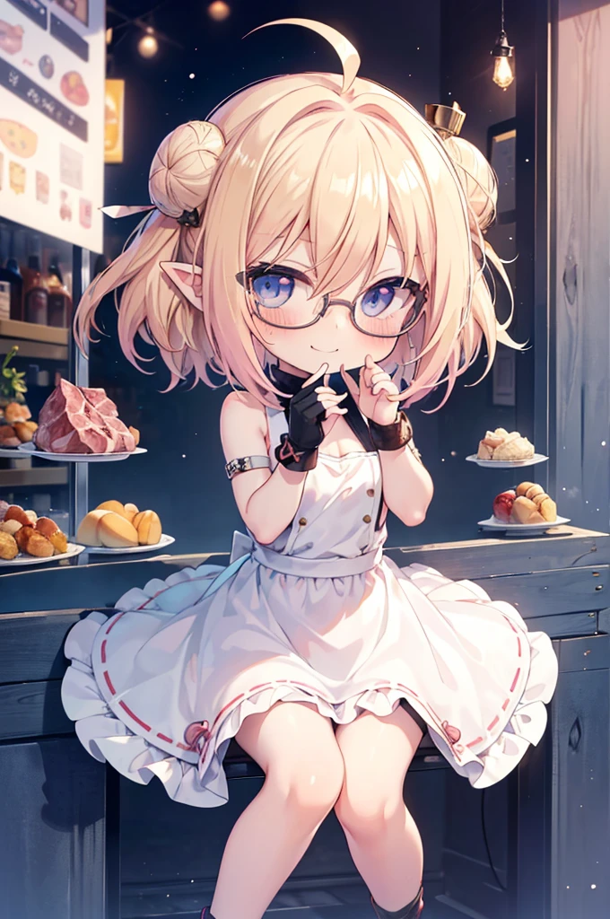 ultra detailed, best quality, high resolution, ((1girl)), looking at viewer, pale skin, petite, (blonde hair), (very short hair), (ahoge:1.3), (glasses), pointy ears, (blush:1.2), blue eyes, medium breasts, happy smile, (chibi:1.5), winter clothes, put the meat bun in your mouth, conveniencestore