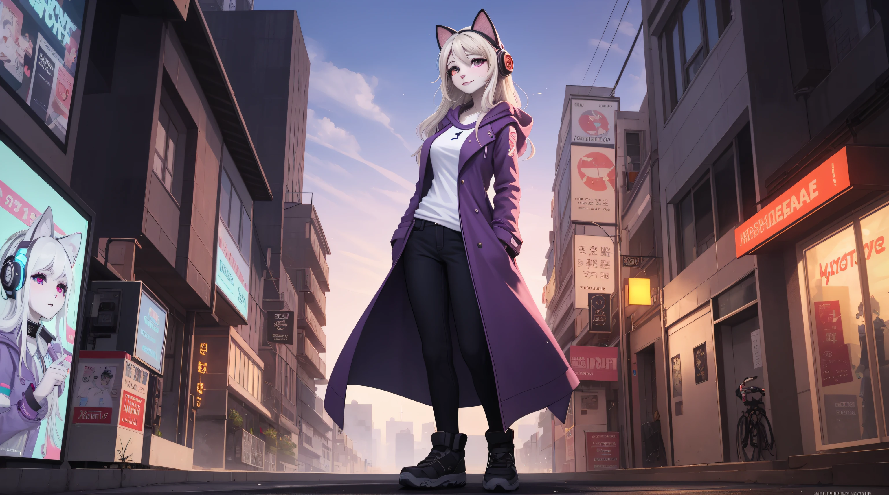 1 catwoman, White hair, Long gray hair, A masterpiece of technological clothing, Best quality, actual, Endless realism, Dark purple coat, sporty attire, 詳細な目, with headphones on, White blonde hair, 21-year-old girl, Stylish pose, Half a body, wide - angle shot, On the street, cyber punk personage