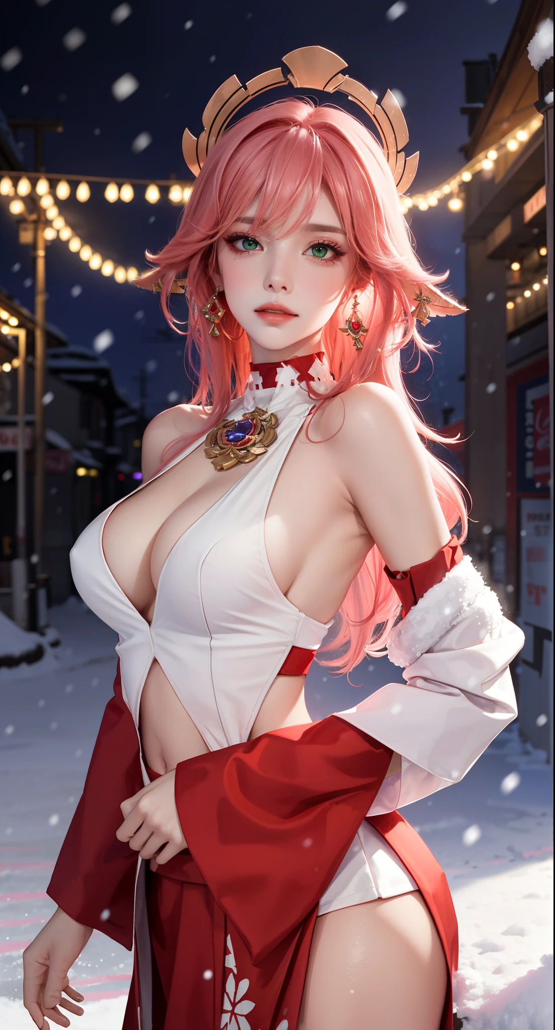 (((winter background, snowing))), ((market place background)))), (((luminous background))), (Masterpiece, Excellent, 1girl, solo, complex details, color difference), realism, ((medium breath)), off-the-shoulders, big breasts, sexy, Yae Miko, long pink hair, red headdress, red highlight, hair above one eye, green eyes, earrings, sharp eyes, perfectly symmetrical figure, choker, neon shirt, open jacket, turtleneck sweater, graffiti, dim lighting, alley, looking at the audience, ((mean, seductive, charming)), (dynamic pose), tulle, bare shoulders, blooming flower fields, radiant skin, faint smile, sexy, bust, no breast cover, naked, cocked ass, tummy look