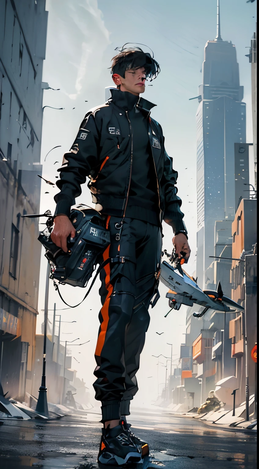 Small futuristic drone of 160 kilograms, FPV drone in the foreground, orange, gray and black drone, in the background and in the background, below the man pilot drone standing, pilot with gray jacket, blue sweater, chocolate-colored military pants, gray Skecher CPÑPR type jackets, image of futuristic city. Tall Buildings, Glass & Metal, dron volando en el lateral derecho de la imagen