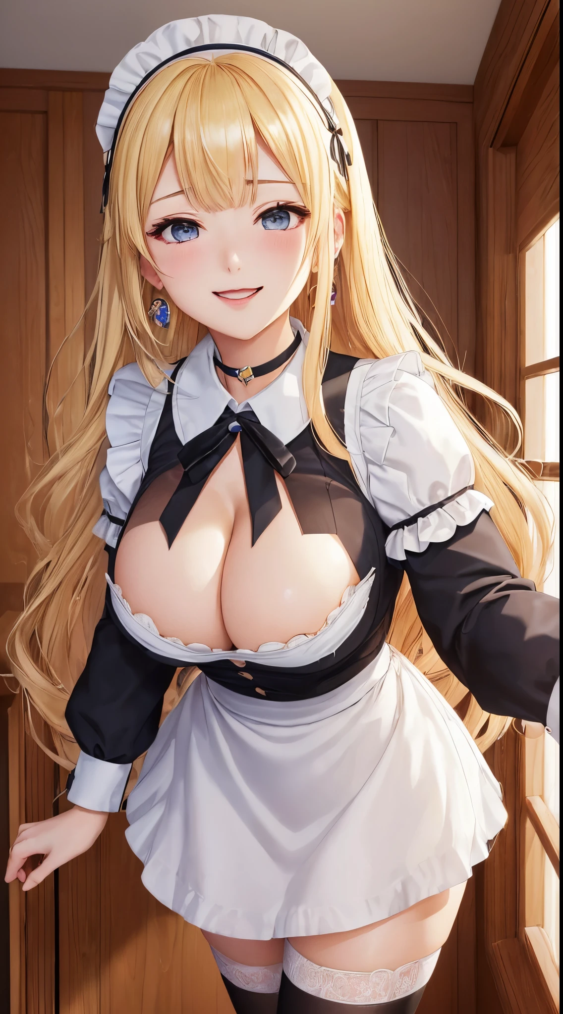 (Best Quality, masutepiece, Official art, hight resolution:1.2), the Extremely Detailed CG Unity 8K Wallpapers, photographrealistic, ultra-detailliert, (24-year-old Russian girl, Solo, maid), Long hair, (Blonde hair:1.2), (Bangs), Smile, prefect face, Pre-Blue Eye, blush, Open mouth, (Huge breasts, drooping chest, cleavage:1.2), thighs thighs thighs thighs, Maid headdress, Waist apron, White Apron, frilld, black thighhighs, Choker, earrings, 手链, Standing, Look up,