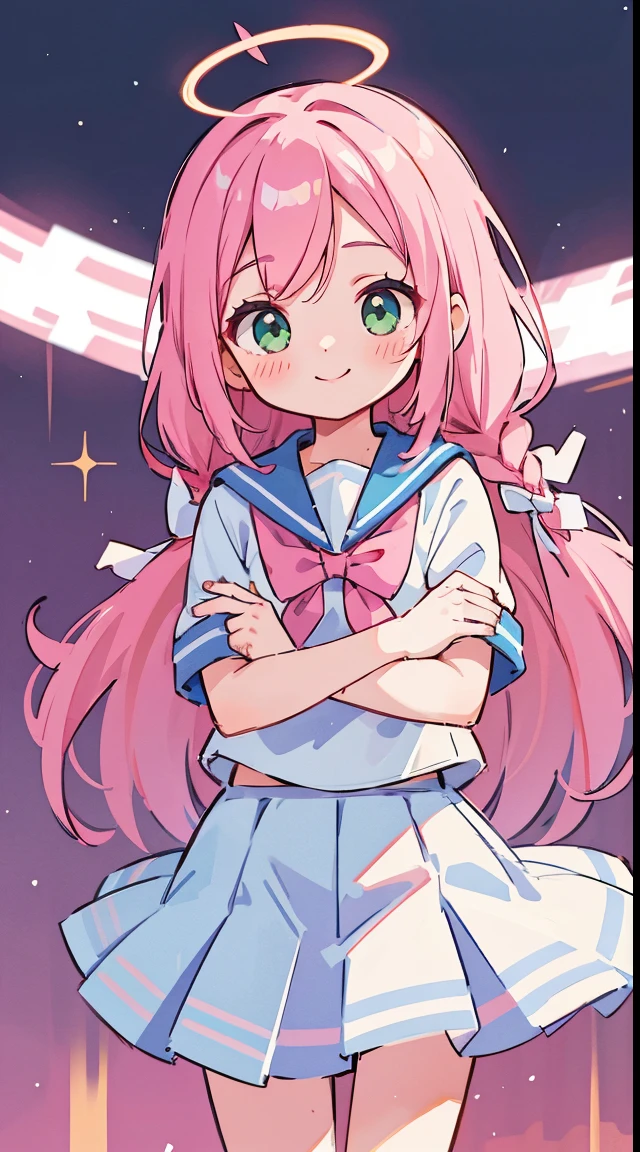Little girl, zero chest, 8 years old, realistic, wallpaper, 1girl, solo, hanako, ahoge, blue sailor collar, double-parted bangs, green eyes, hair bow, pink bow, pink hair, pink halo, pleated skirt, school uniform, short sleeves, single braid, very long hair, white bow, white serafuku, white skirt, smile, cowboy shot, night clubs wallpaper,