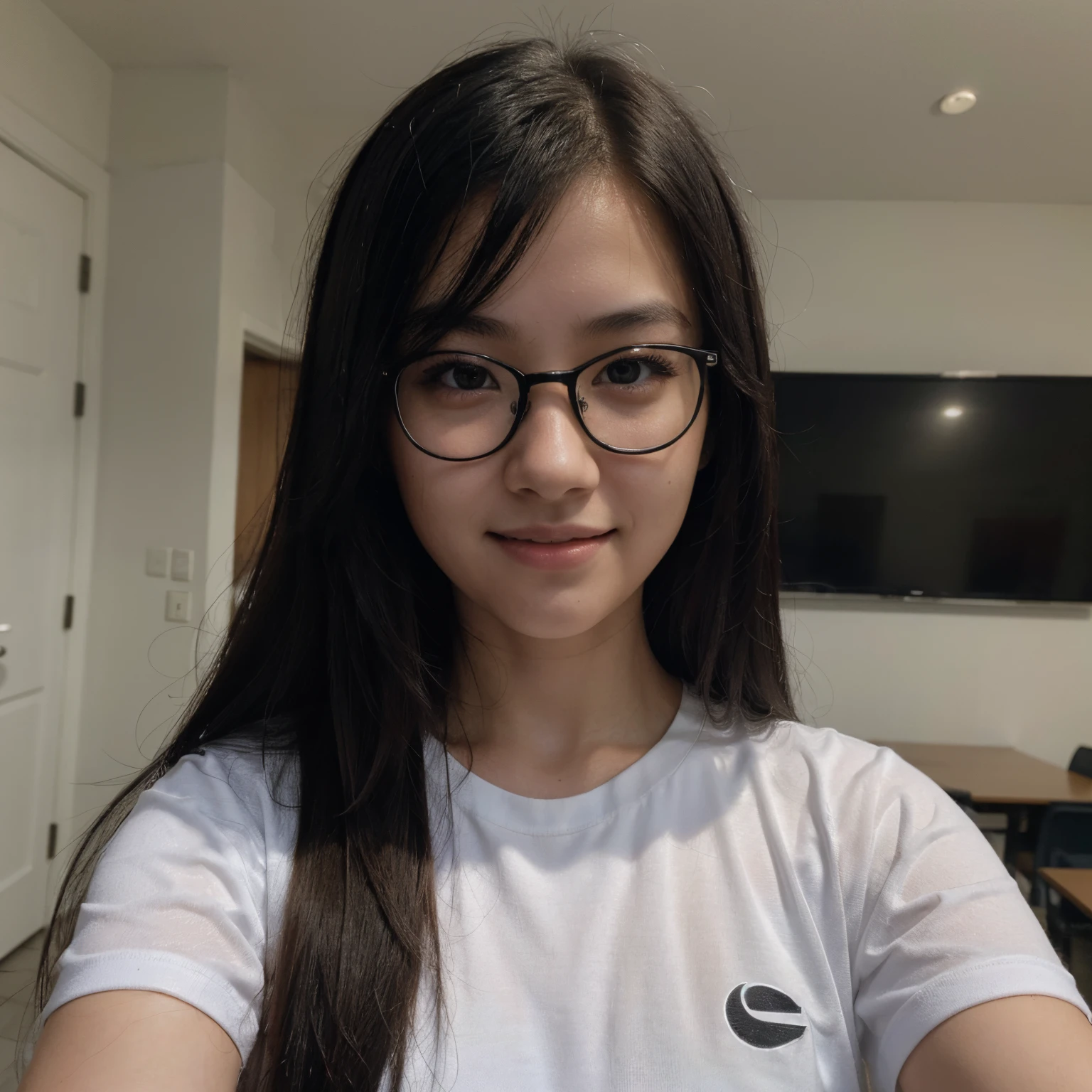 Very young female, half chinese, small slit-eyed, glasses, black hair, flawless white skin, long hair, photorealistic, best quality, hyper detailed, , beautiful woman, selfie photo, upper body, solo, wearing black clothes, smiling at training camp, school photo, without makeup, school, looking at viewer, skin texture, film grain, close up, ultra high res, best shadow, RAW, instagram LUT