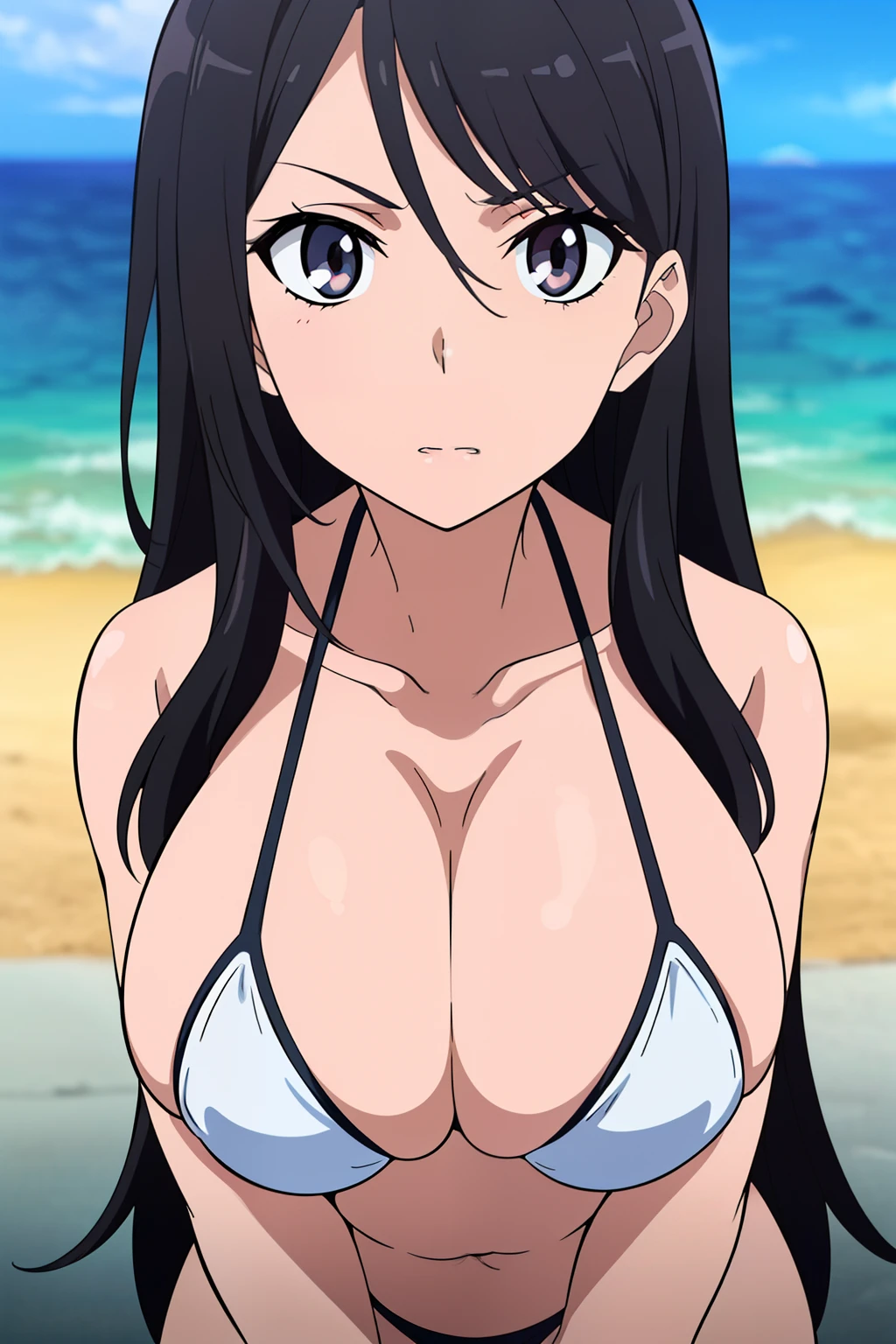 ((masutepiece, Best Quality, High resolution, anime screen cap, anime colours, in 8K, anime keyvisual)):1.5, Blow mailing, 1girl in, Cute, blush, (Long Black Hair:1.5), 14years, (Oversized large sagging breasts:1.5), cleavage, ((White Micro Bikini:1.5, Thin fabric)), Navel Ejection, Arms Down, Upper body, beach side, ((Perfect Anatomy, beautifull detailed face, Beautiful detailed eyes, beautiful detailed hair, Beautiful detailed body)), thick outline, Beautiful outlines, black outlines