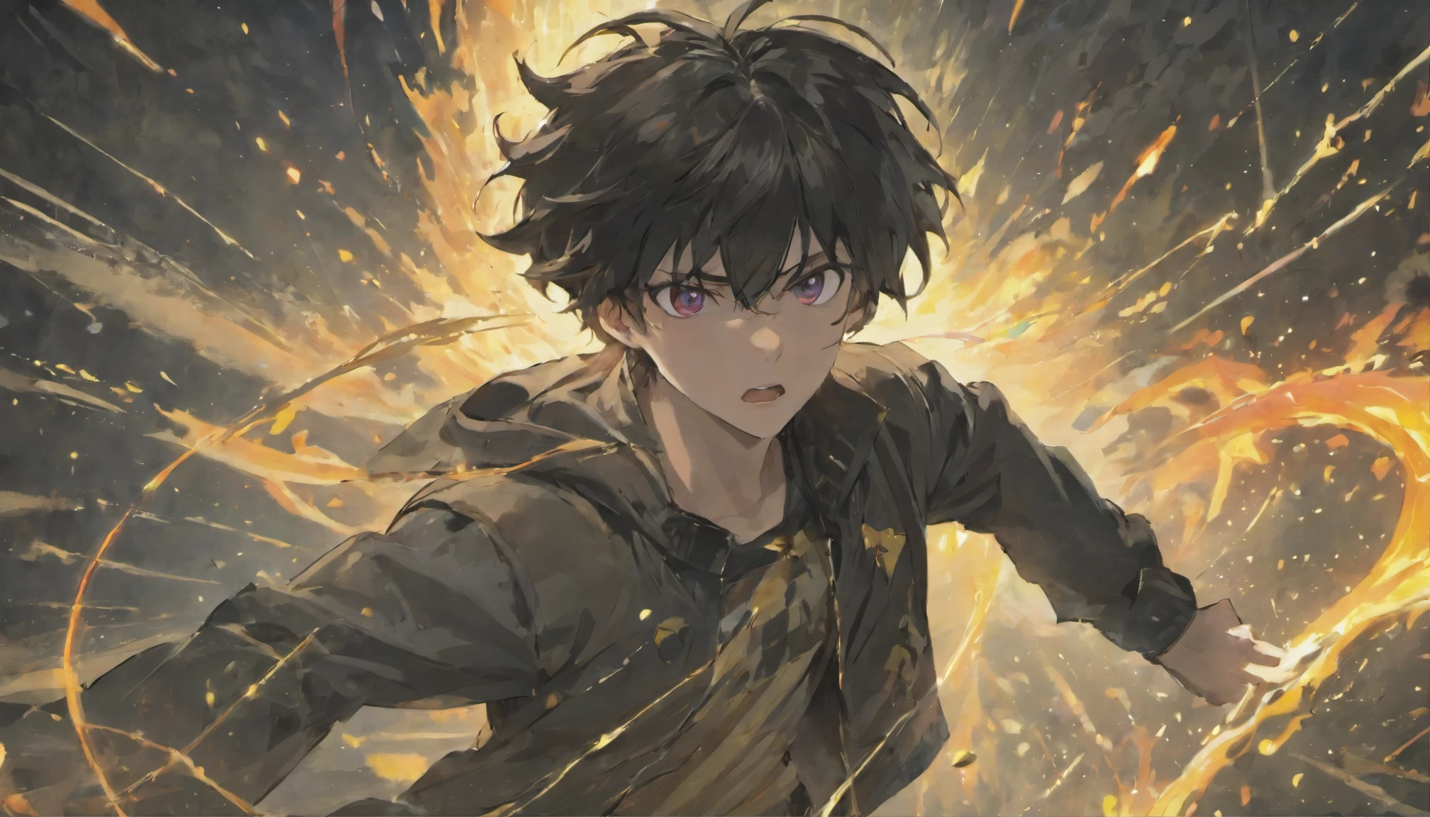 (Dark-haired young man, confront a mythical enemy, in a hopeless state, Full of dynamism, Best Quality), Vivid colors, high contrast lighting, Black jacket,intense action, nightcity,Magical atmosphere, Glowing eyes, Ruins, epic fights, billowing smoke, powerful stance, mythical creatures around, Stand up even if you fall, detailed facial expression, dynamic compositions, Dramatic shadows, .cosmic sky,run,Clenching teeth
