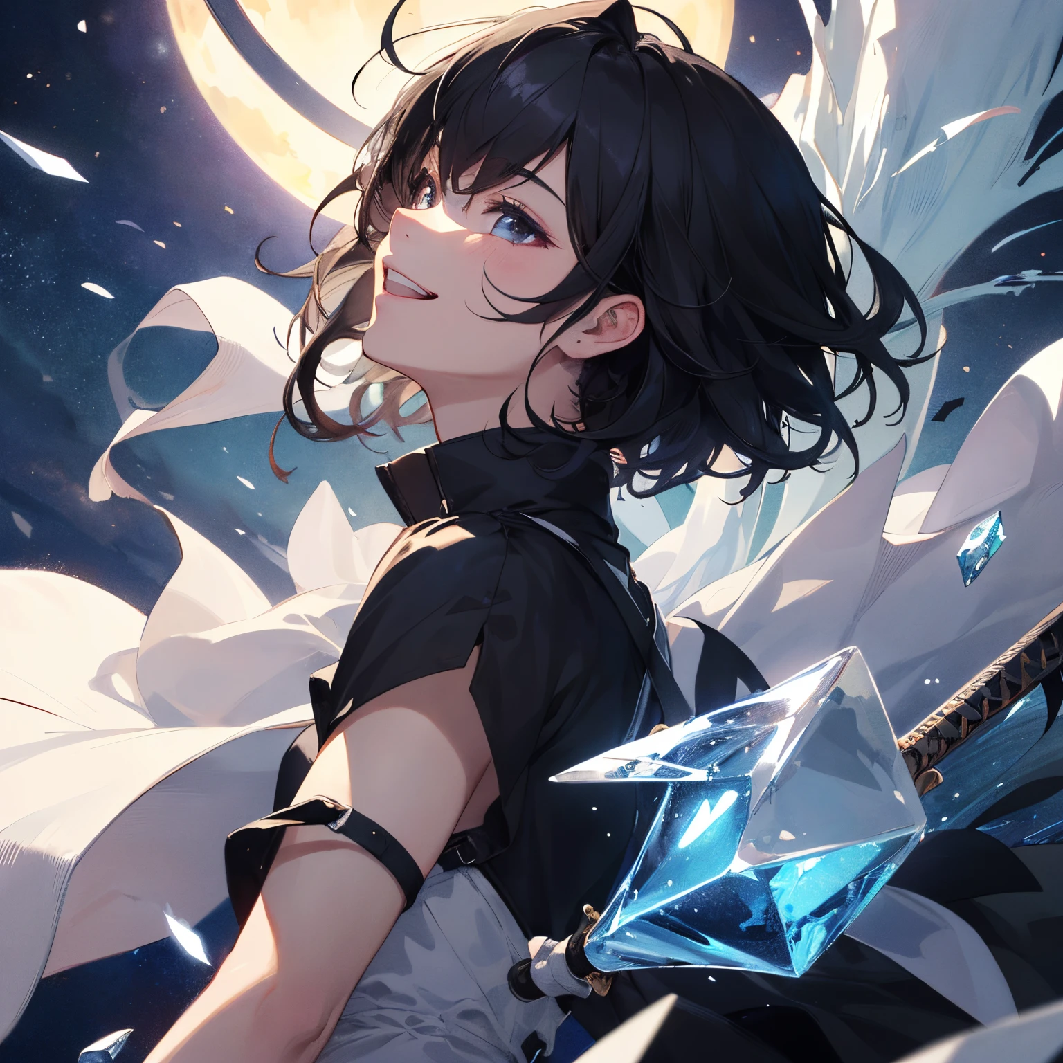 (masterpiece、top-quality、hightquality)、One Boy、profile、starrysky、Dramatic lighting、Short-haired black hair、Aimei、Hairy、Sketched、dynamic、The wind blew、Dynamism、Contre-Jour、Show your teeth and smile、Ice fragments、yuki、With a sword