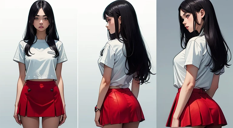 ((best quality)), ((masterpiece)), (detailed), perfect face, red mini skirt, long hair, shy face, side view point