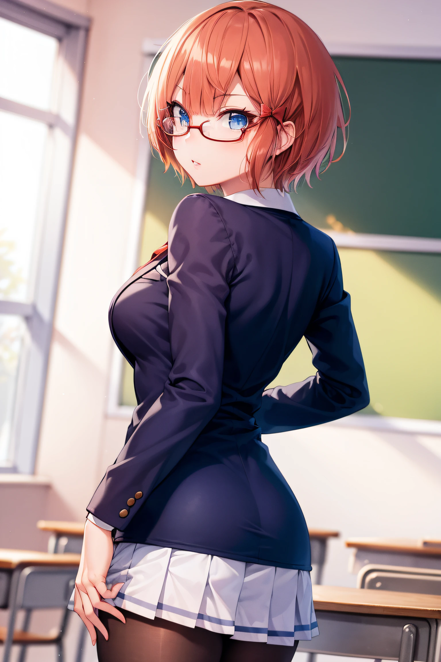 ogatarizu, rizu ogata, blue eyes, glasses, hair bow, red bow, red-framed eyewear, short hair, orange hair,
BREAK long sleeves, school uniform, skirt, pantyhose,
BREAK looking at viewer,from behind,layered sleeves, cowboy shot,  looking back,
BREAK indoors, classroom,
BREAK (masterpiece:1.2), best quality, high resolution, unity 8k wallpaper, (illustration:0.8), (beautiful detailed eyes:1.6), extremely detailed face, perfect lighting, extremely detailed CG, (perfect hands, perfect anatomy),