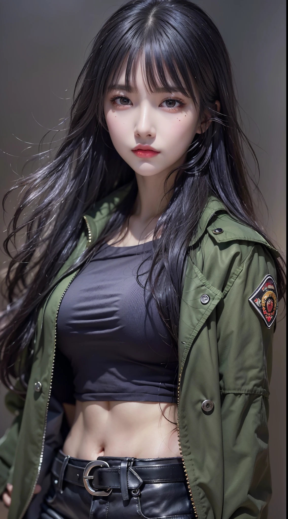 1 beautiful young girl, Super beautiful detailed face、 Symmetrical black eyes), hime cut hair, (Fine face:1.2), High quality, Realistic, Highly detailed CG unified 8K dendenden wallpaper, Highly detailed, High-definition raw color photos, Professional Photography, Realistic portrait, Cinematic Light, Beautiful detailed, Super Detail, high details, depth of fields, semi long hair、(thighs thighs thighs thighs、beauty legs)、Bare legs、 Super beautiful detailed face, (Best Quality, 4K, 8K, hight resolution, masutepiece:1.2), Ultra-detailed, (Realistic, Photorealistic, Photorealsitic:1.37), (Beautiful detailed eyes, Beautiful detailed lips, extremely detailed eye and face), (Big Tits, ultra gigantic tits, Glamorous body), ((military outfits)),(Long black straight hair, Shiny hair, Shiny skin), (Holding a weapon in your hands)、((Sharp eyes))、(midnight cyberpunk city)、(pointing weapon at the viewer)、(Midnight City)、Midnight City、Leather handbags、Dark、(Have an army knife)、(FULL BODYSHOT)、