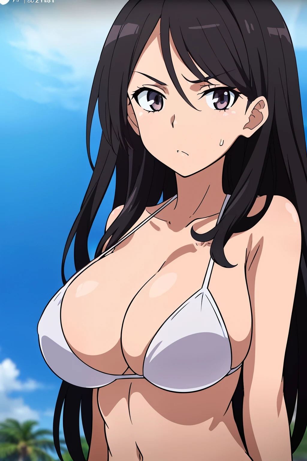 ((masutepiece, Best Quality, High resolution, anime screen cap, anime colours, in 8K, anime keyvisual)):1.5, Blow mailing, 1girl in, Cute, blush, (Long Black Hair:1.5), 14years, (Oversized large sagging breasts:1.5), cleavage, ((White Micro Bikini:1.5, Thin fabric)), Navel Ejection, Arms Down, Upper body, beach side, ((Perfect Anatomy, beautifull detailed face, Beautiful detailed eyes, beautiful detailed hair, Beautiful detailed body)), thick outline, Beautiful outlines, black outlines